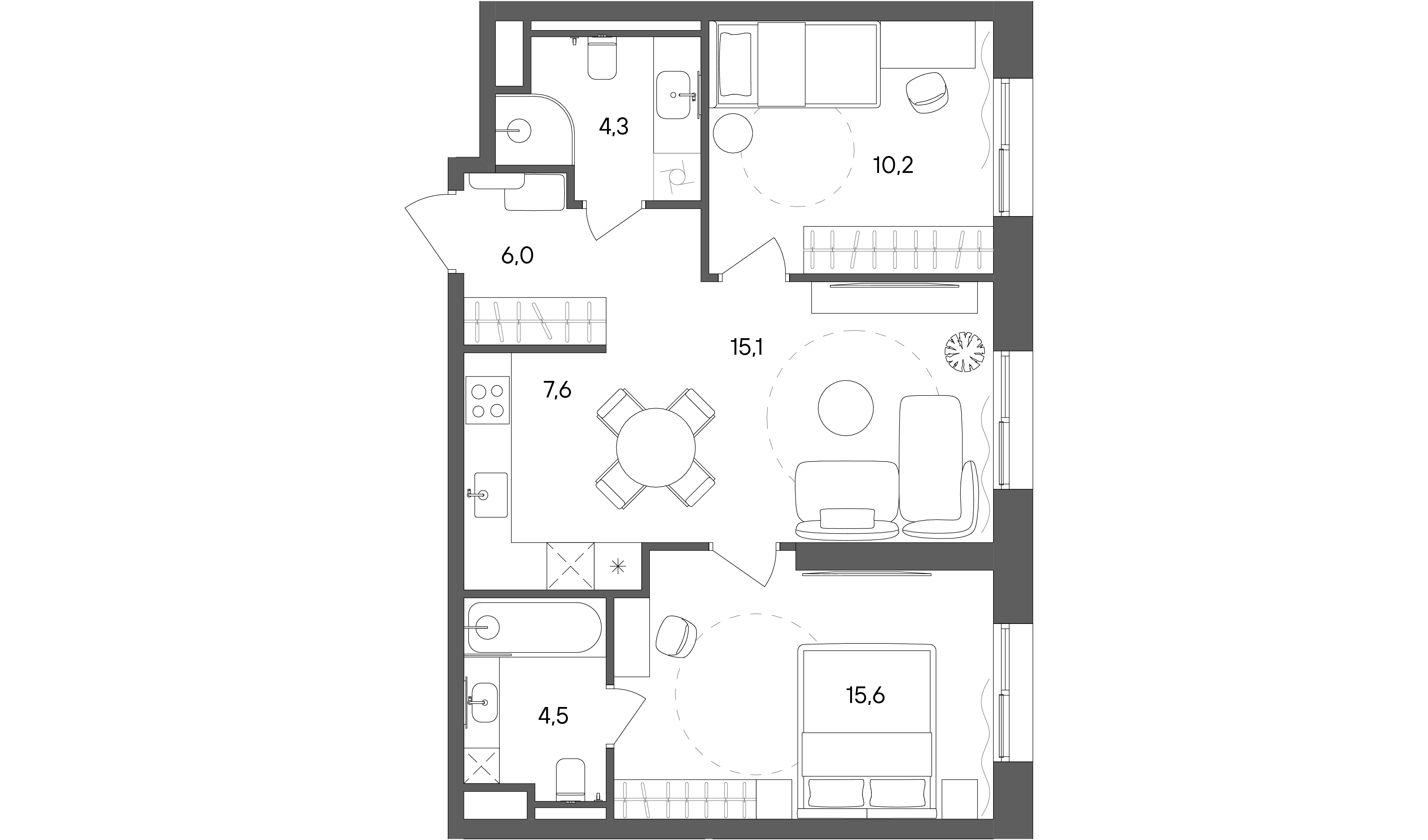 2 комн. квартира, 63.3 м², 2 этаж 