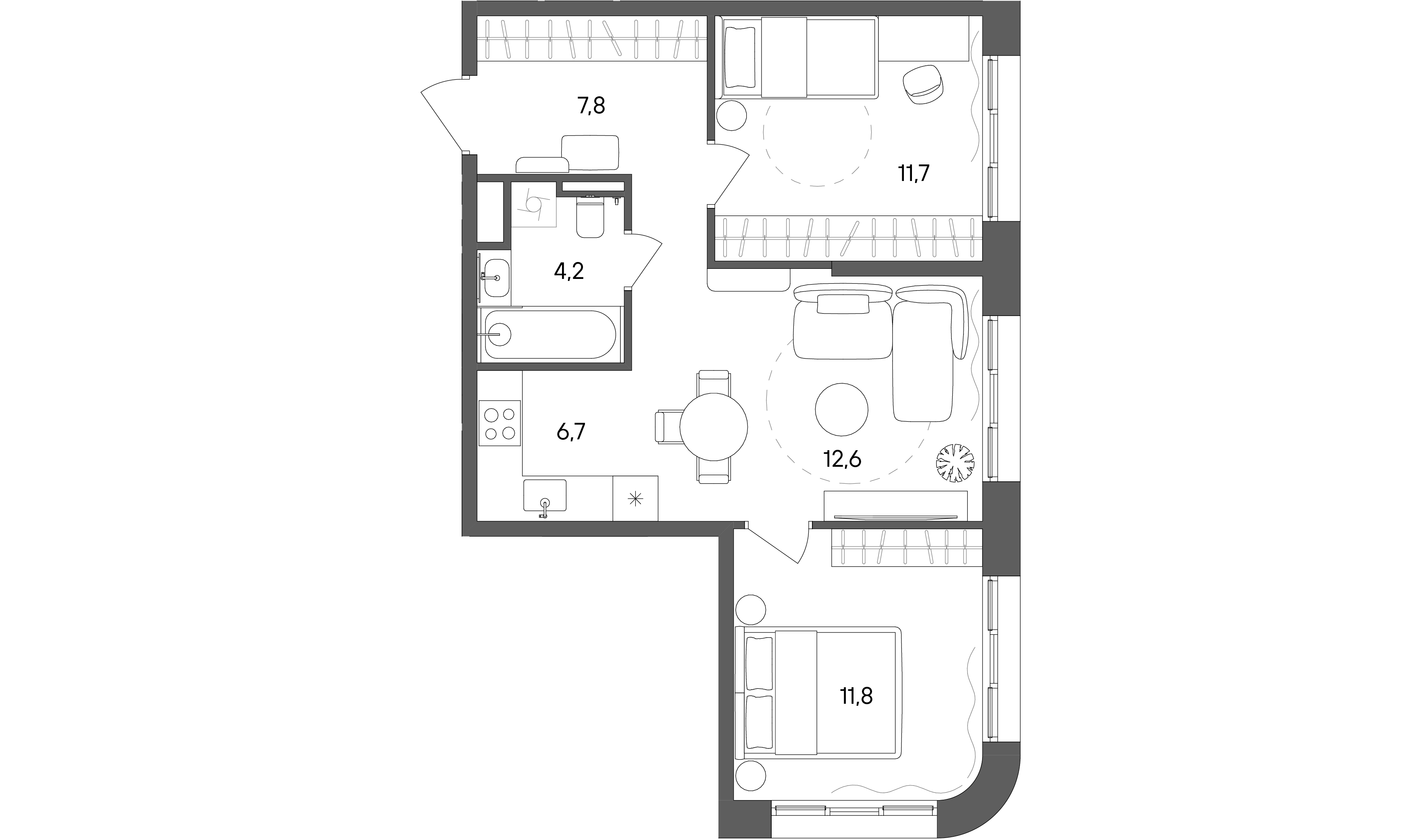 2 комн. квартира, 54.8 м², 25 этаж 