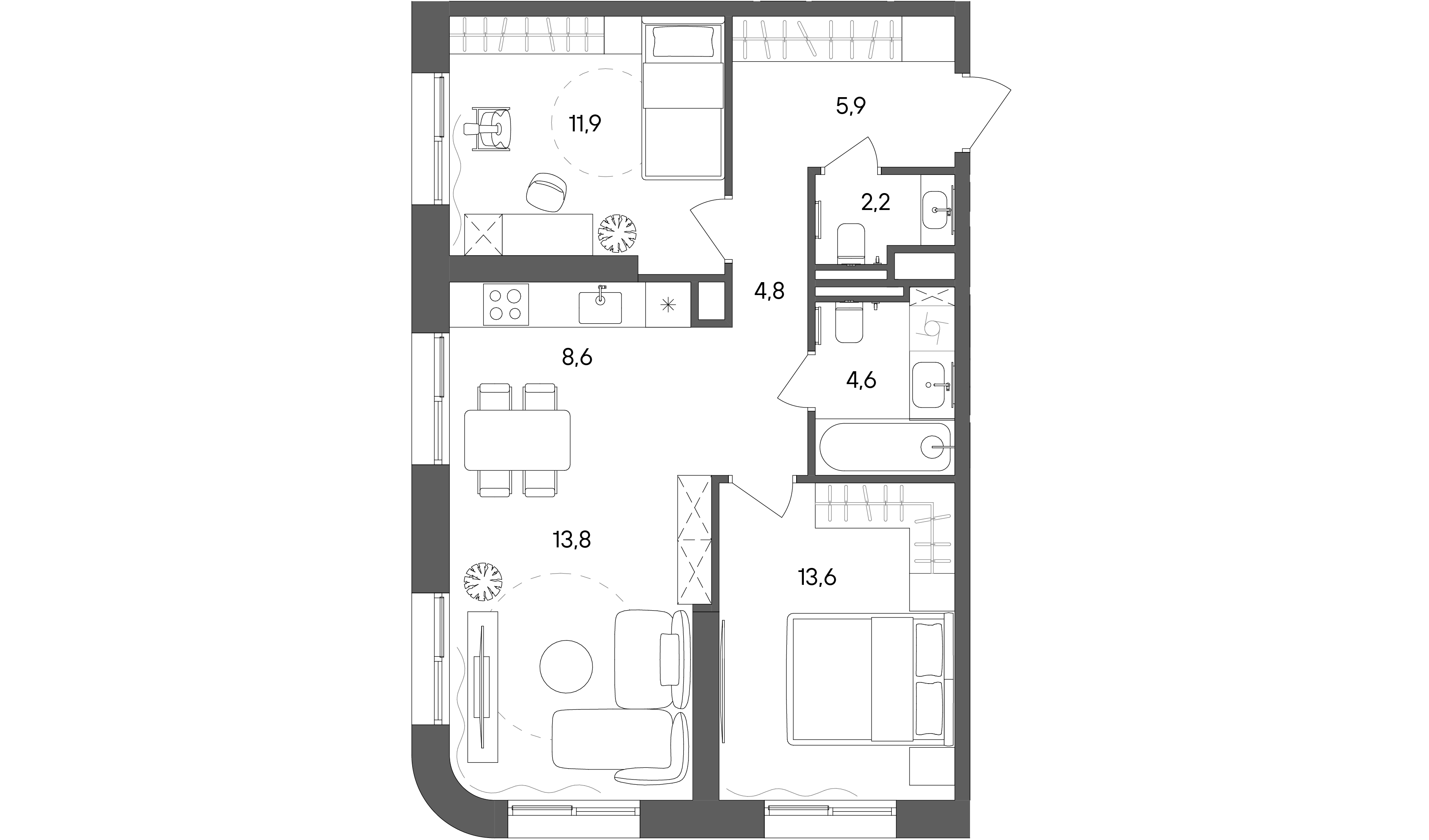 2 комн. квартира, 65.4 м², 2 этаж 