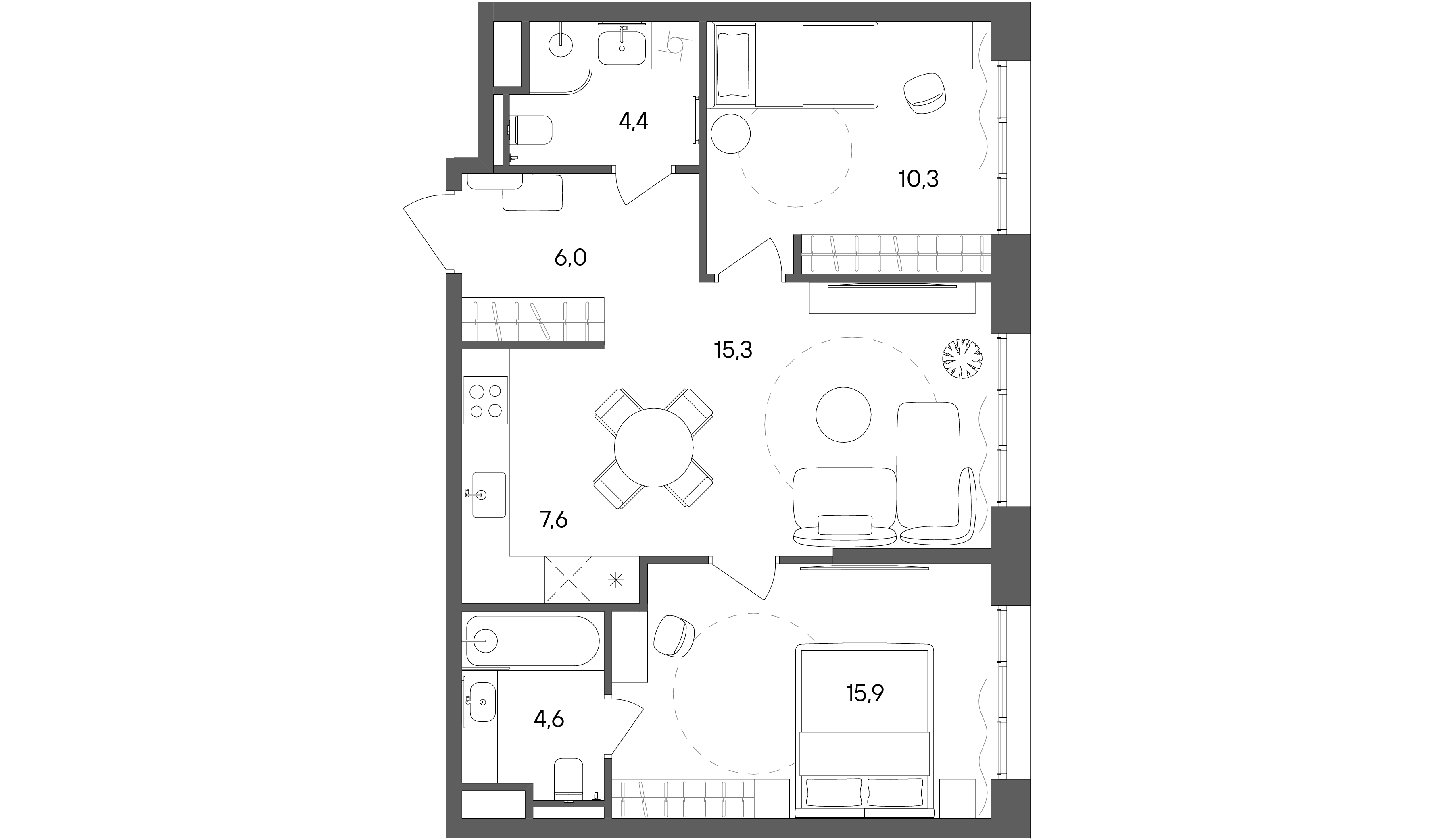2 комн. квартира, 64.1 м², 14 этаж 