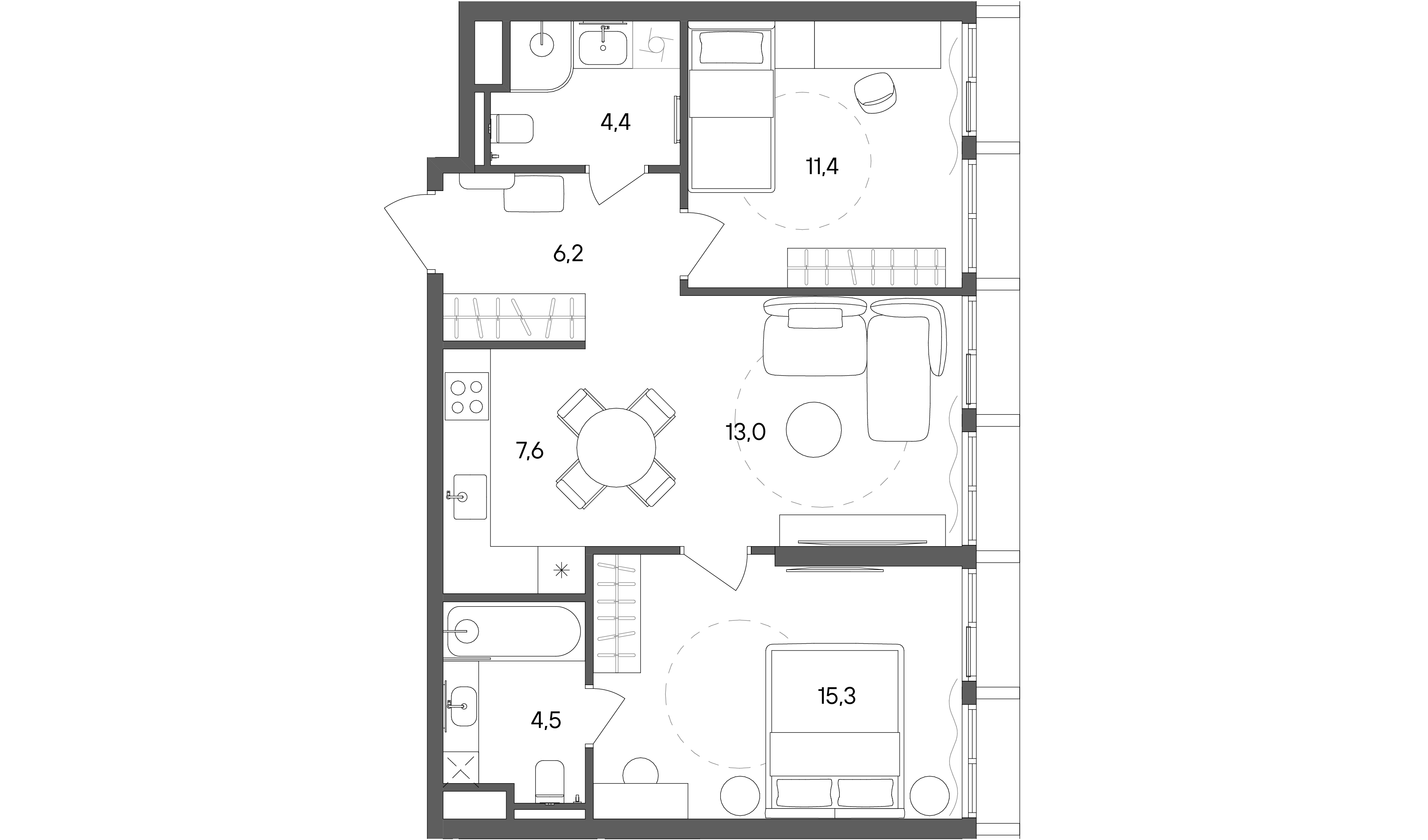 2 комн. квартира, 62.4 м², 11 этаж 