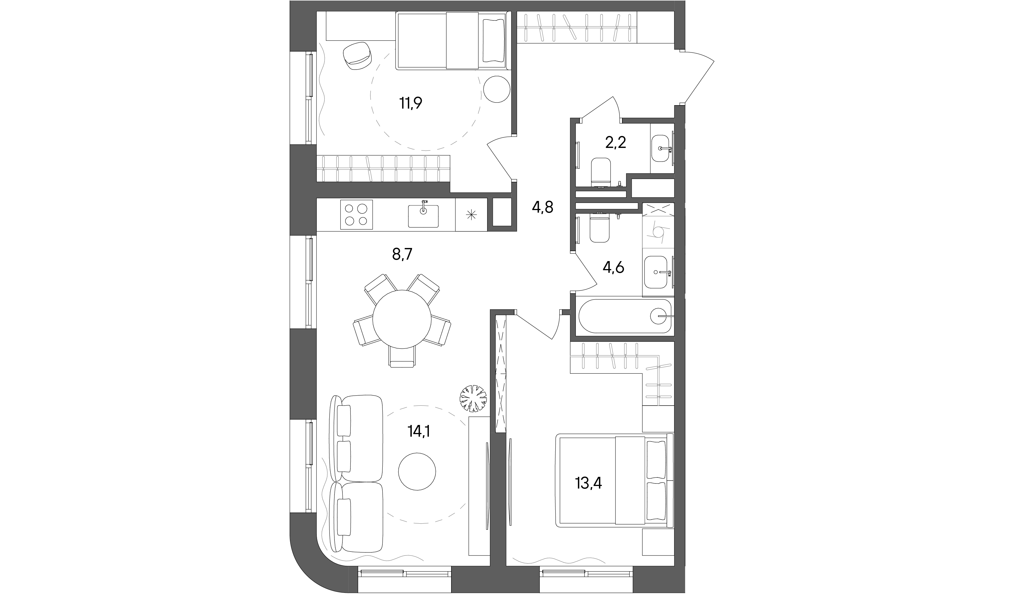 2 комн. квартира, 65.6 м², 5 этаж 