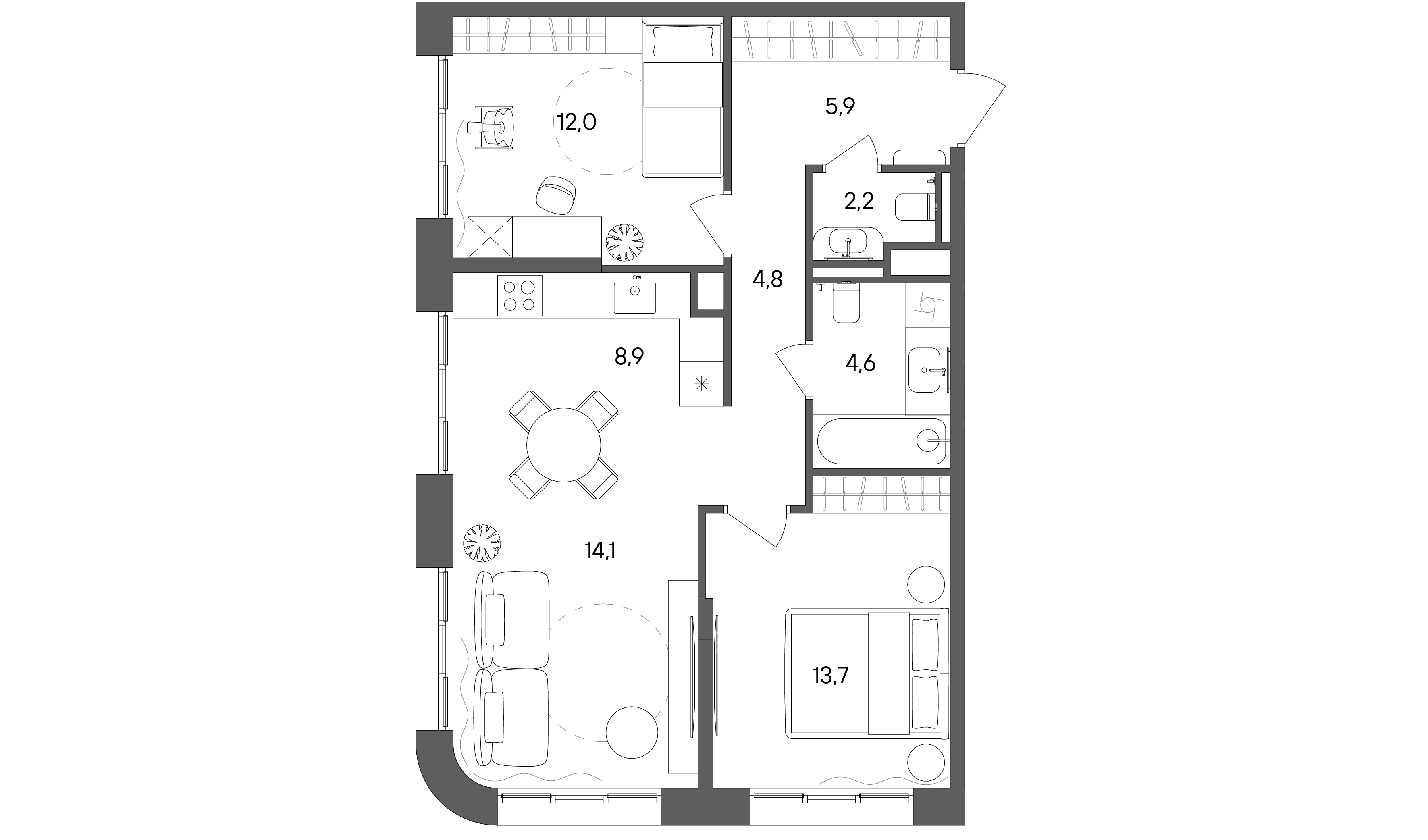 2 комн. квартира, 66.2 м², 18 этаж 