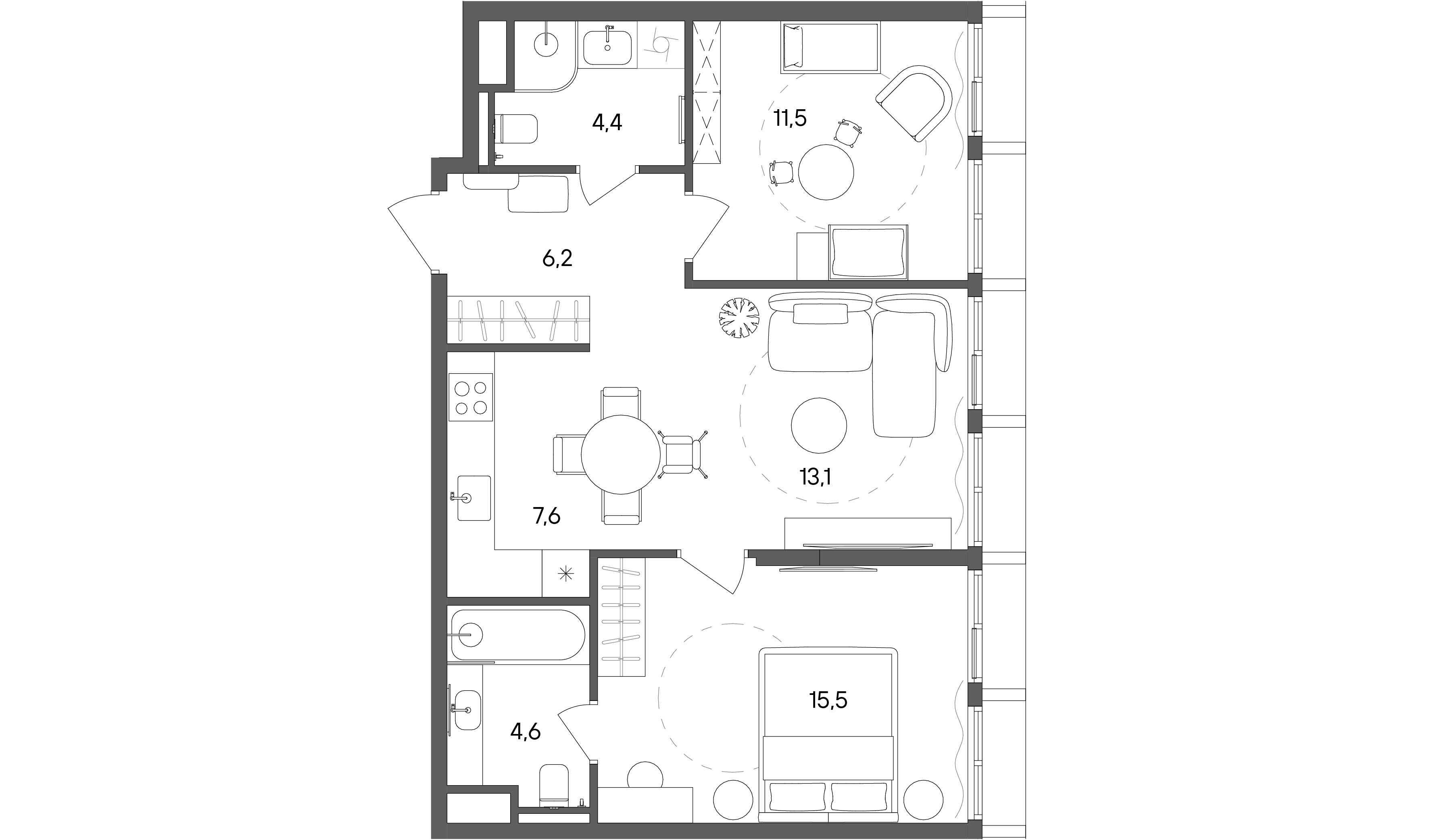 2 комн. квартира, 62.9 м², 26 этаж 