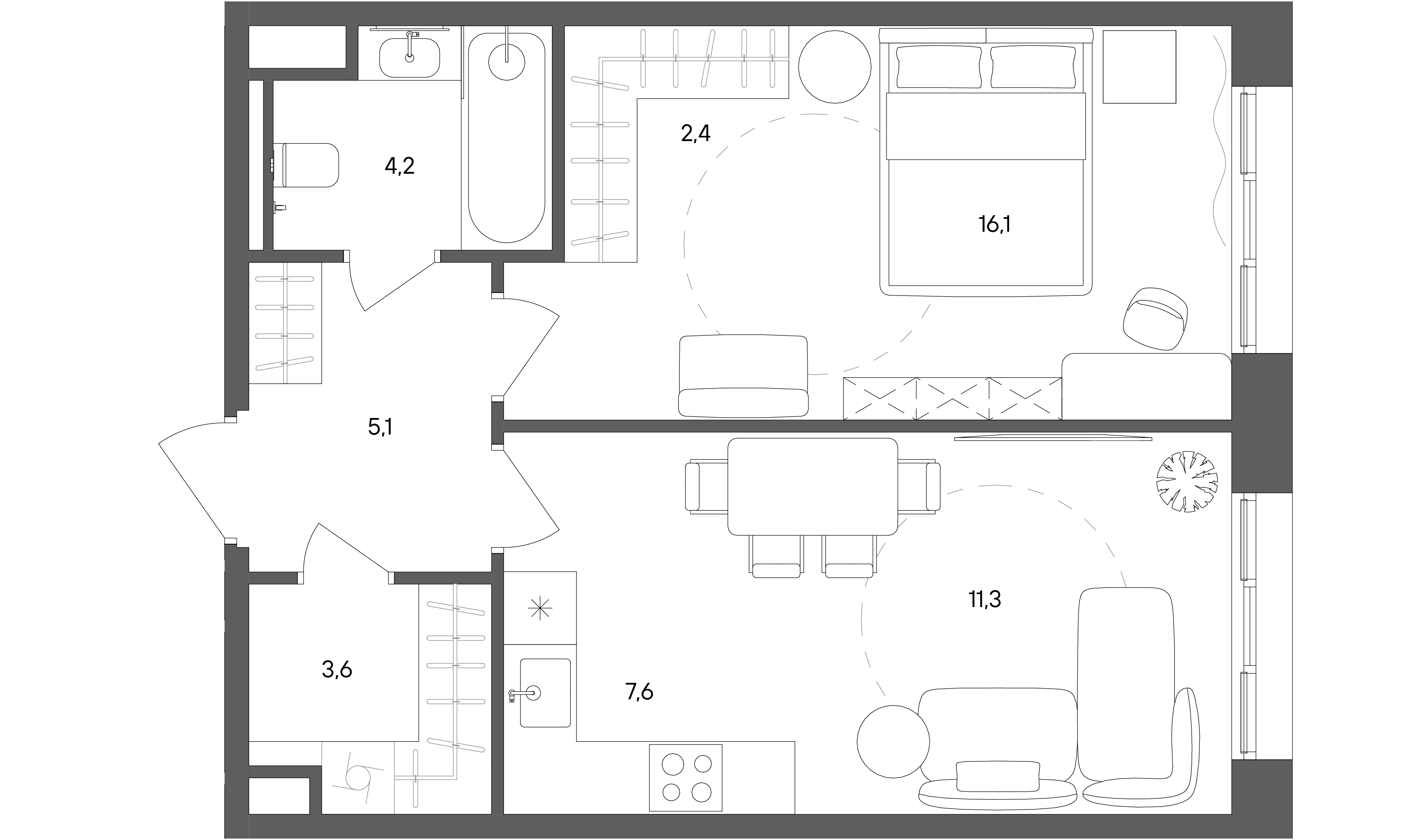 1 комн. квартира, 50.3 м², 16 этаж 