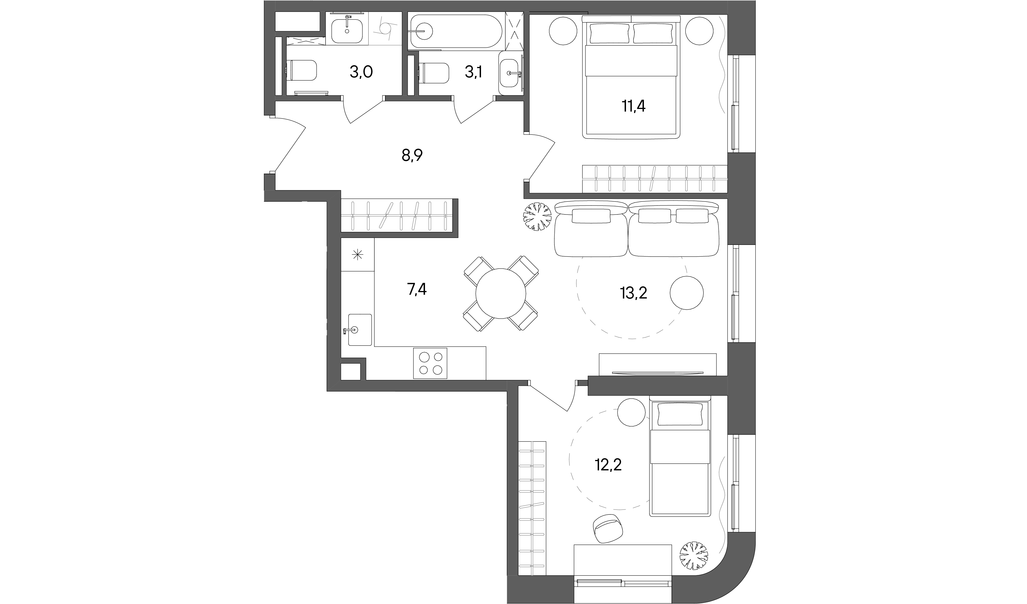 2 комн. квартира, 59.2 м², 2 этаж 