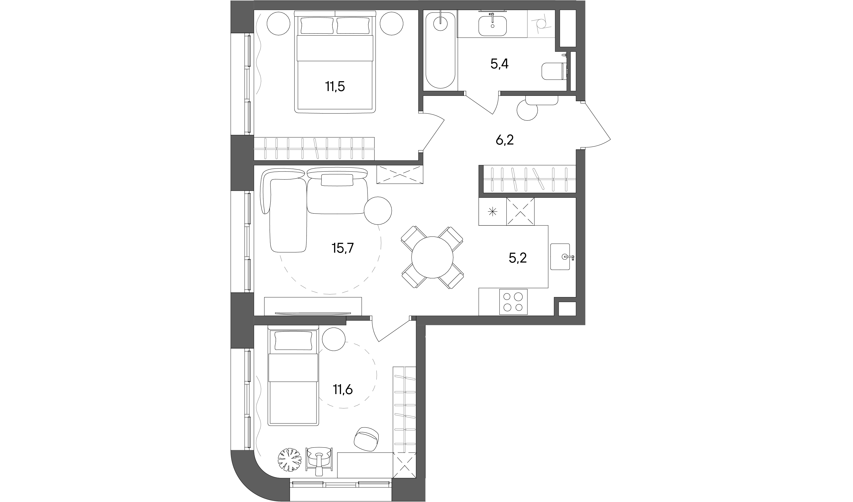 2 комн. квартира, 55.6 м², 16 этаж 