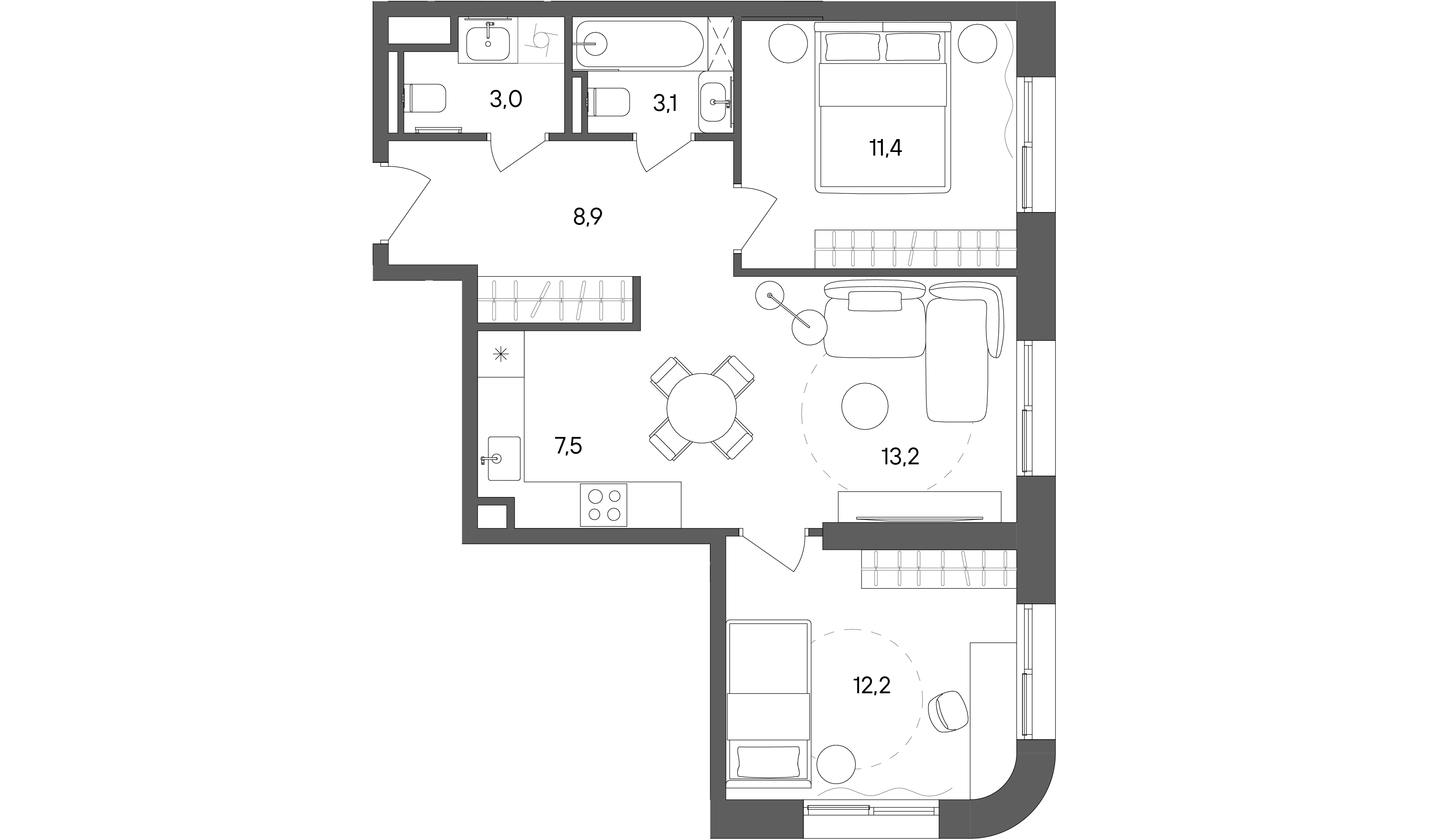 2 комн. квартира, 59.3 м², 4 этаж 