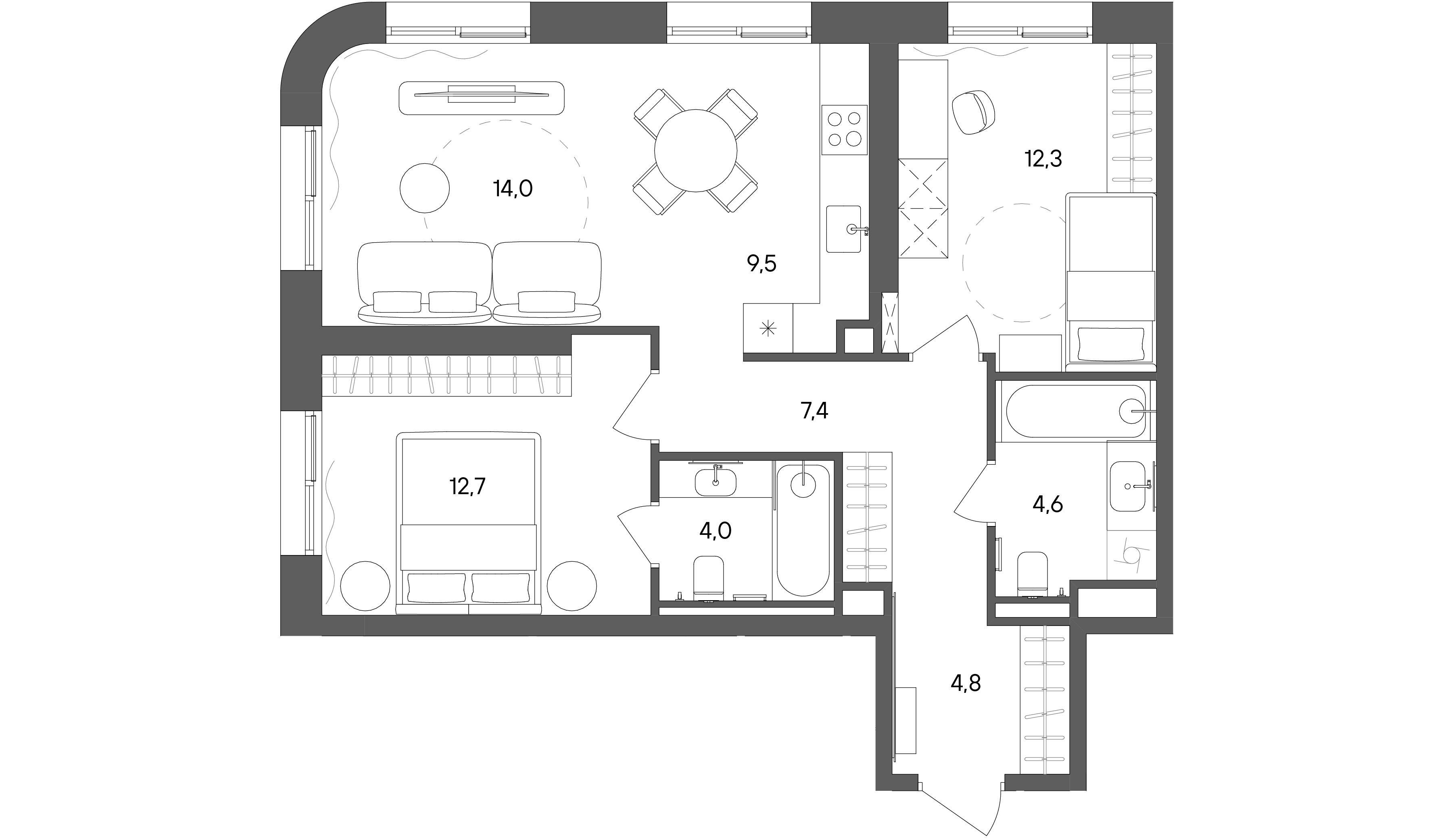 2 комн. квартира, 69.3 м², 2 этаж 