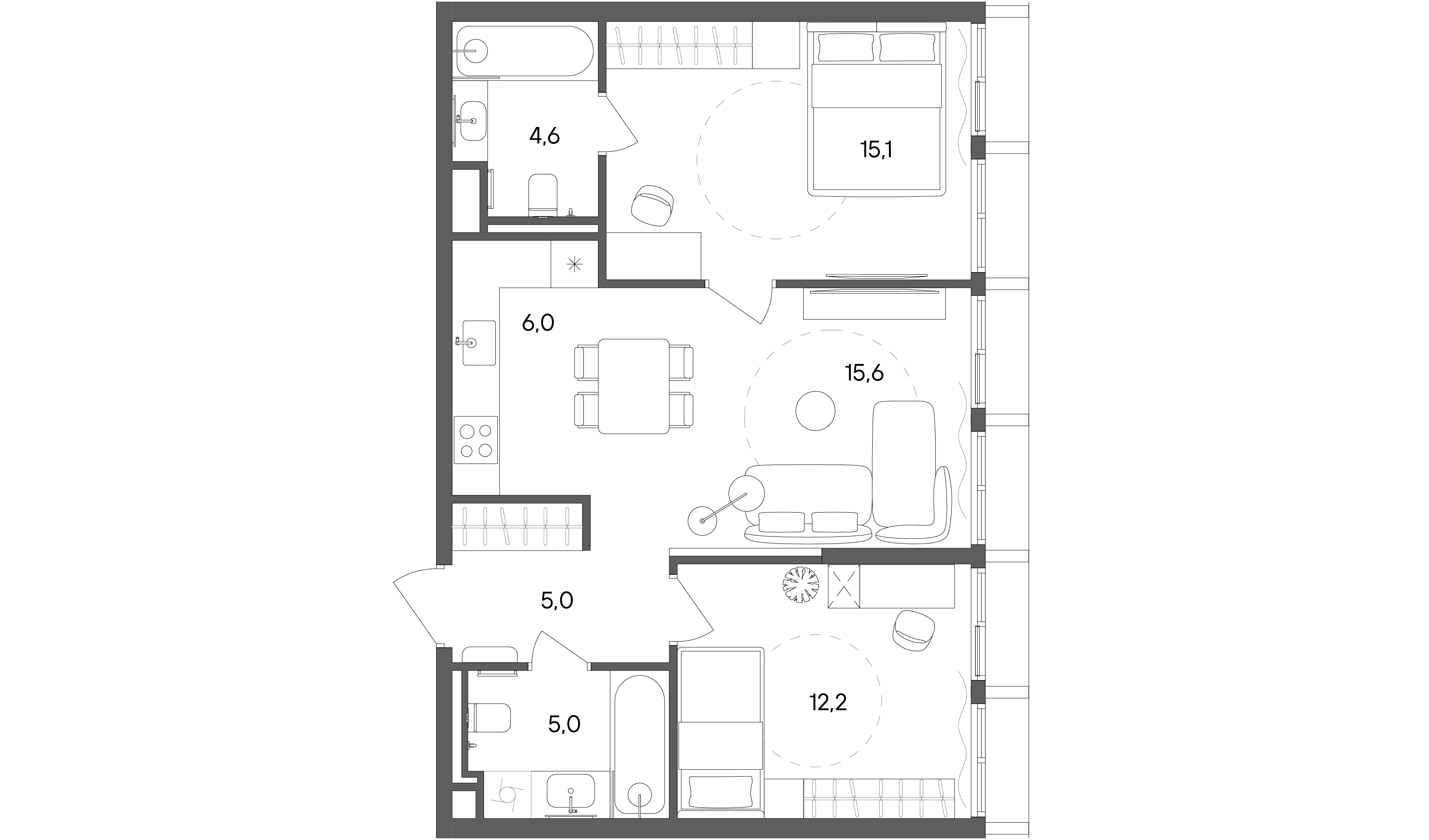 2 комн. квартира, 63.5 м², 31 этаж 