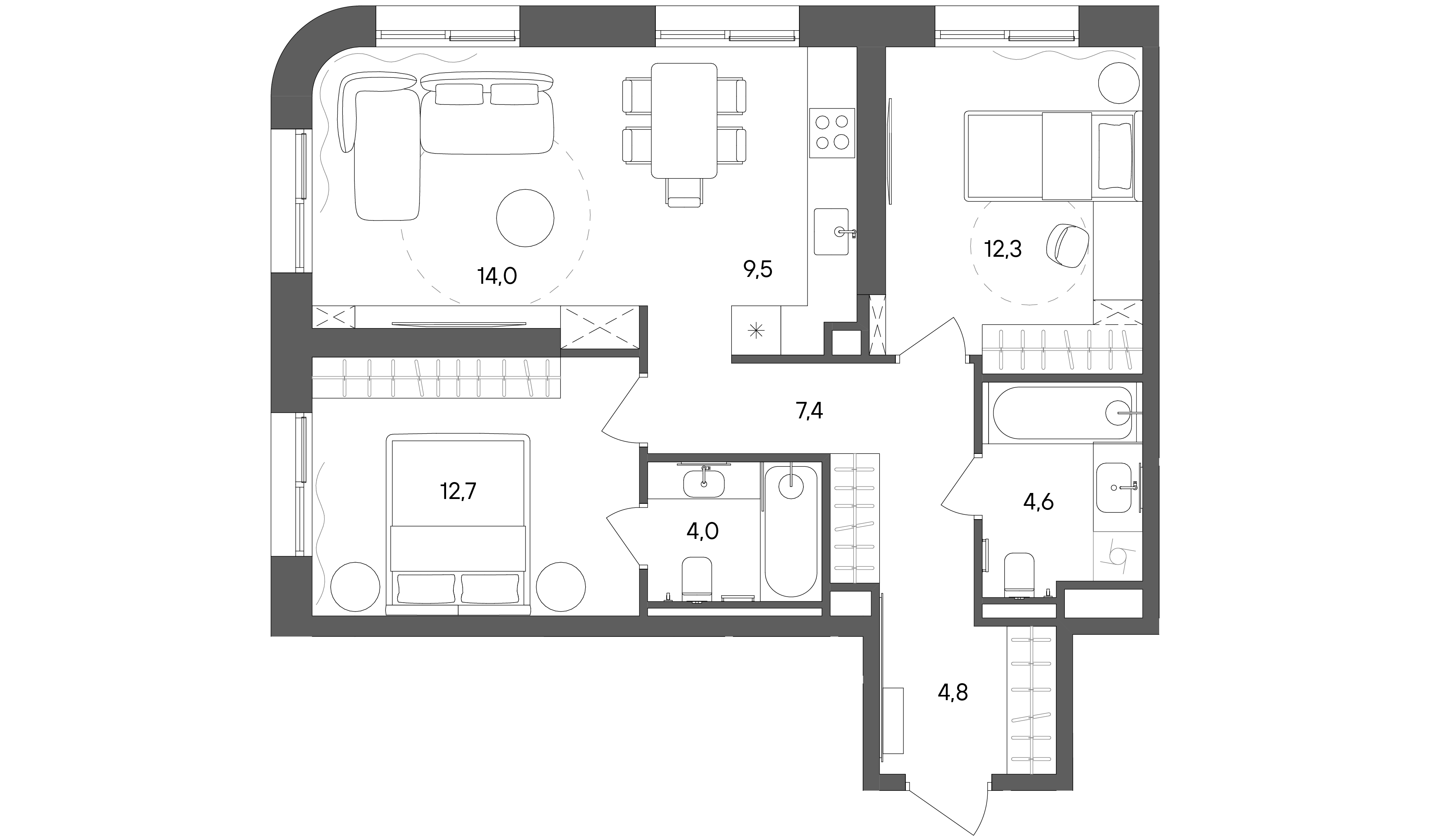 2 комн. квартира, 69.3 м², 9 этаж 
