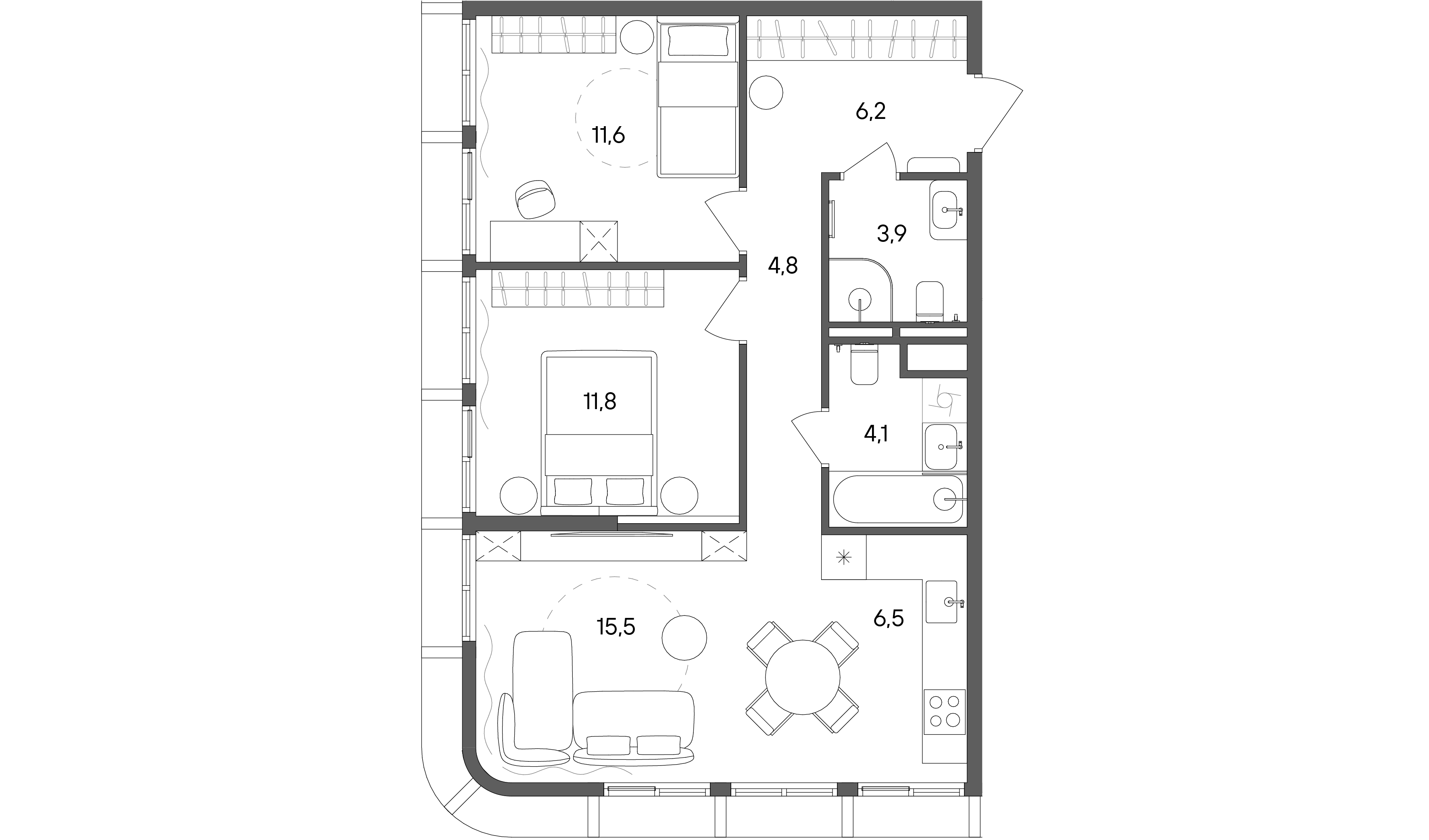 2 комн. квартира, 64.4 м², 31 этаж 