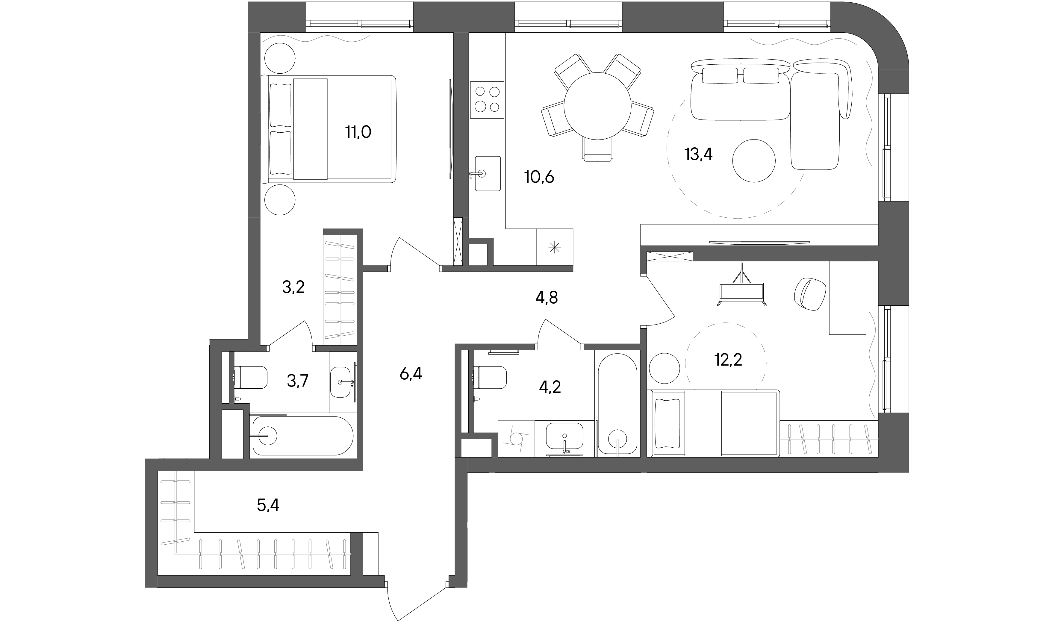 2 комн. квартира, 74.9 м², 13 этаж 
