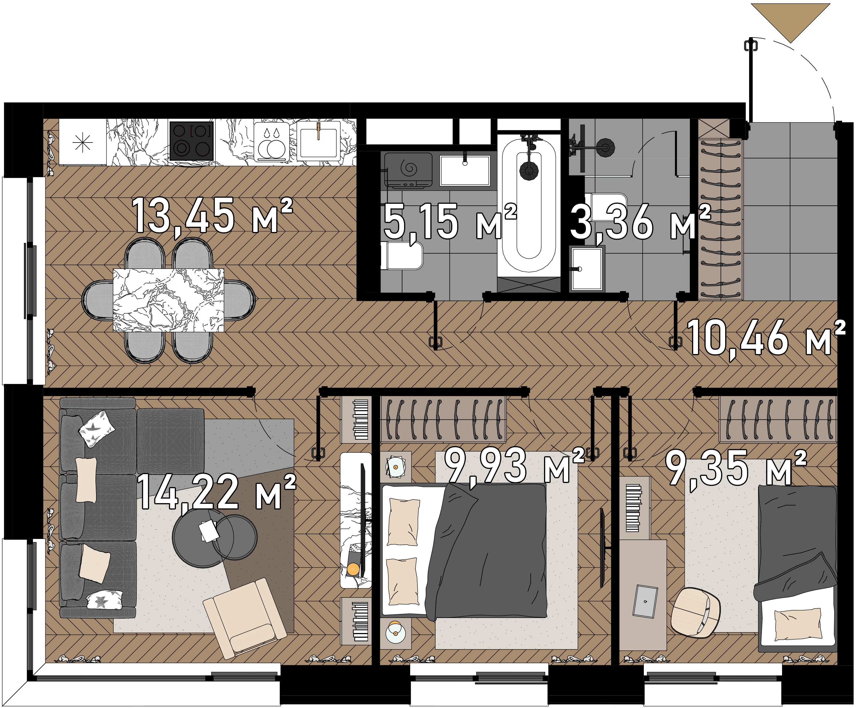 3 комн. квартира, 67.2 м², 3 этаж  (из 23)