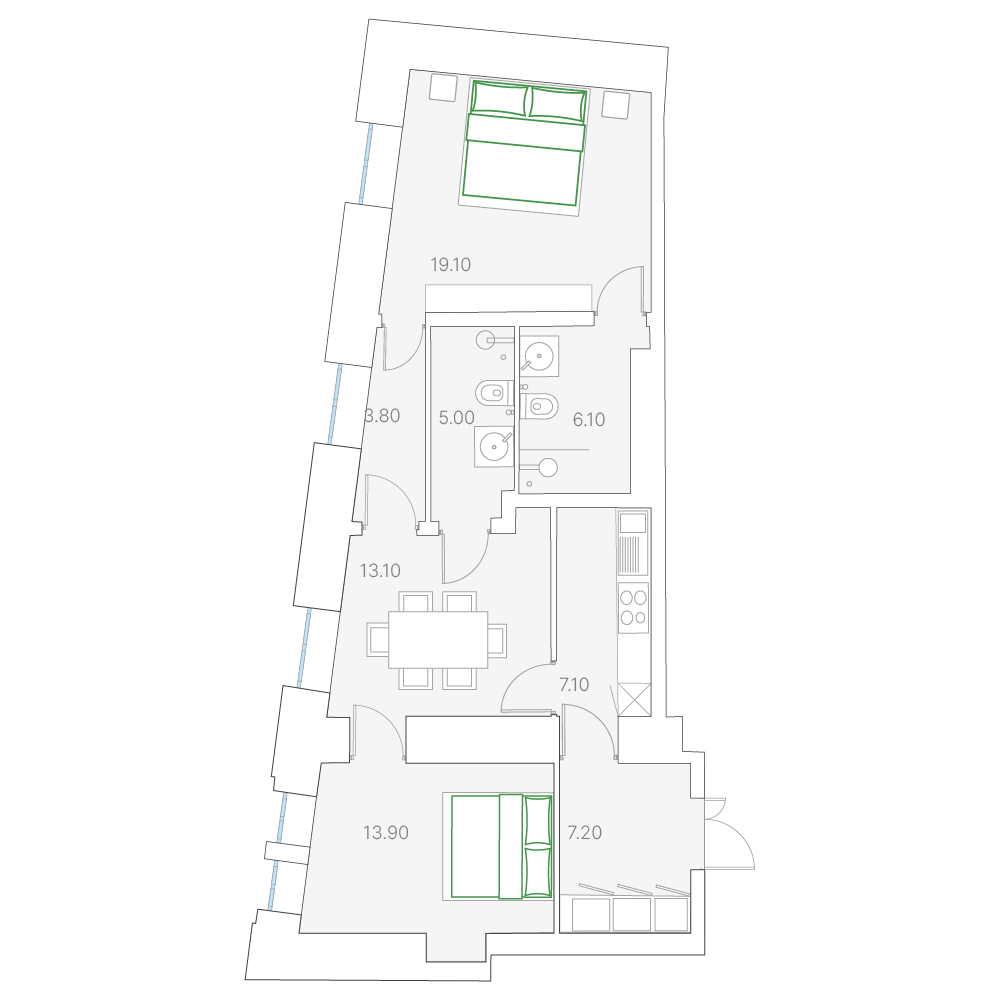 2 комн. квартира, 75.6 м², 5 этаж 