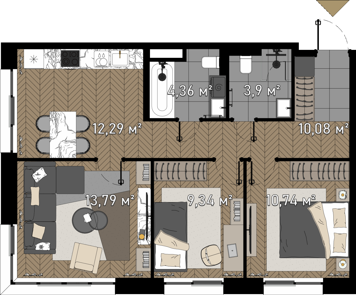 3 комн. квартира, 66.8 м², 4 этаж  (из 23)