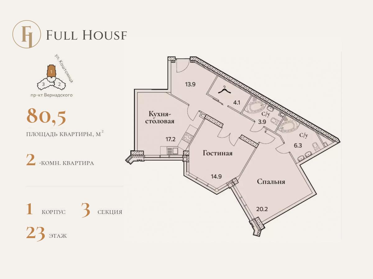 2 комн. квартира, 81.6 м², 23 этаж  (из 25)