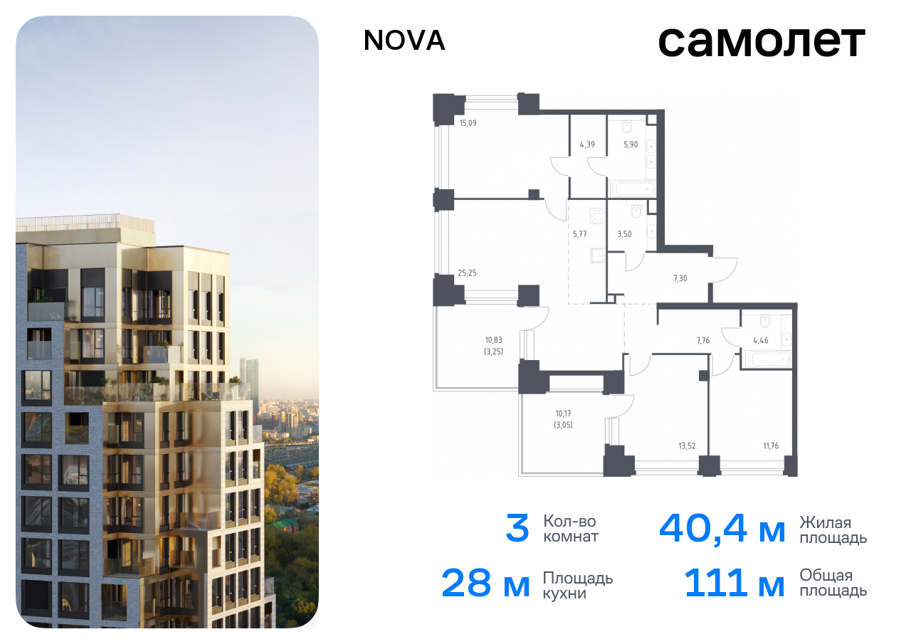 3 комн. квартира, 111 м², 30 этаж  (из 32)