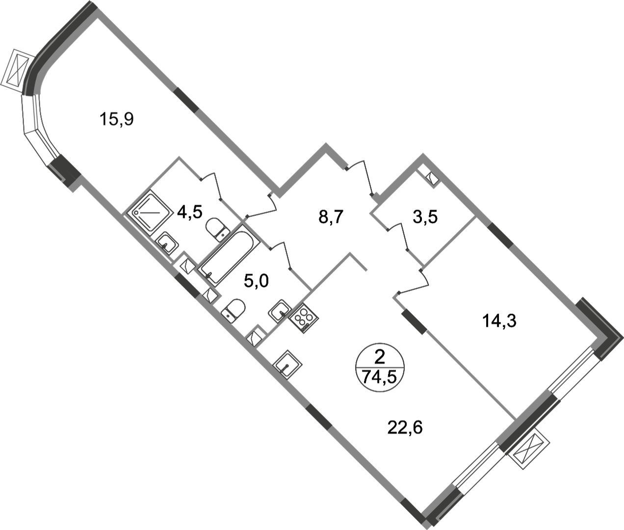 2 комн. квартира, 74.5 м², 1 этаж  (из 9)