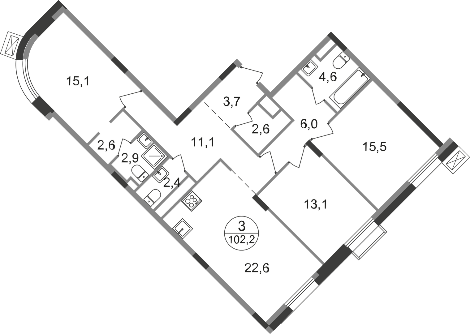 3 комн. квартира, 102.2 м², 9 этаж  (из 9)