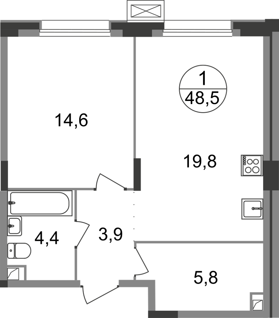 1 комн. квартира, 48.5 м², 1 этаж  (из 9)