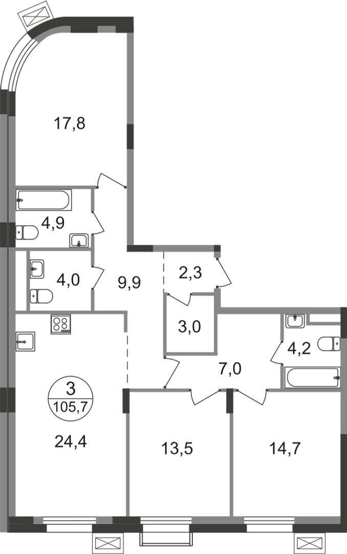 3 комн. квартира, 105.7 м², 4 этаж  (из 9)
