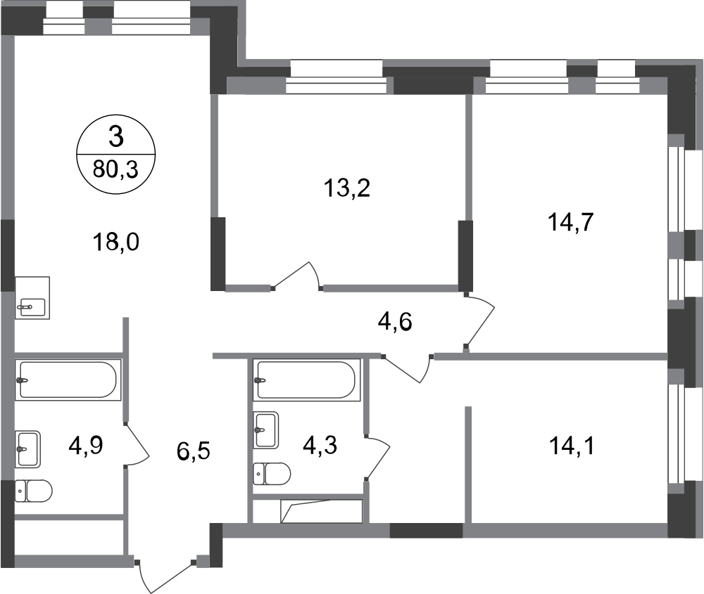 3 комн. квартира, 80.3 м², 9 этаж  (из 20)