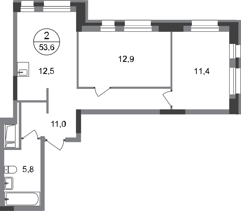 2 комн. квартира, 53.6 м², 2 этаж  (из 20)