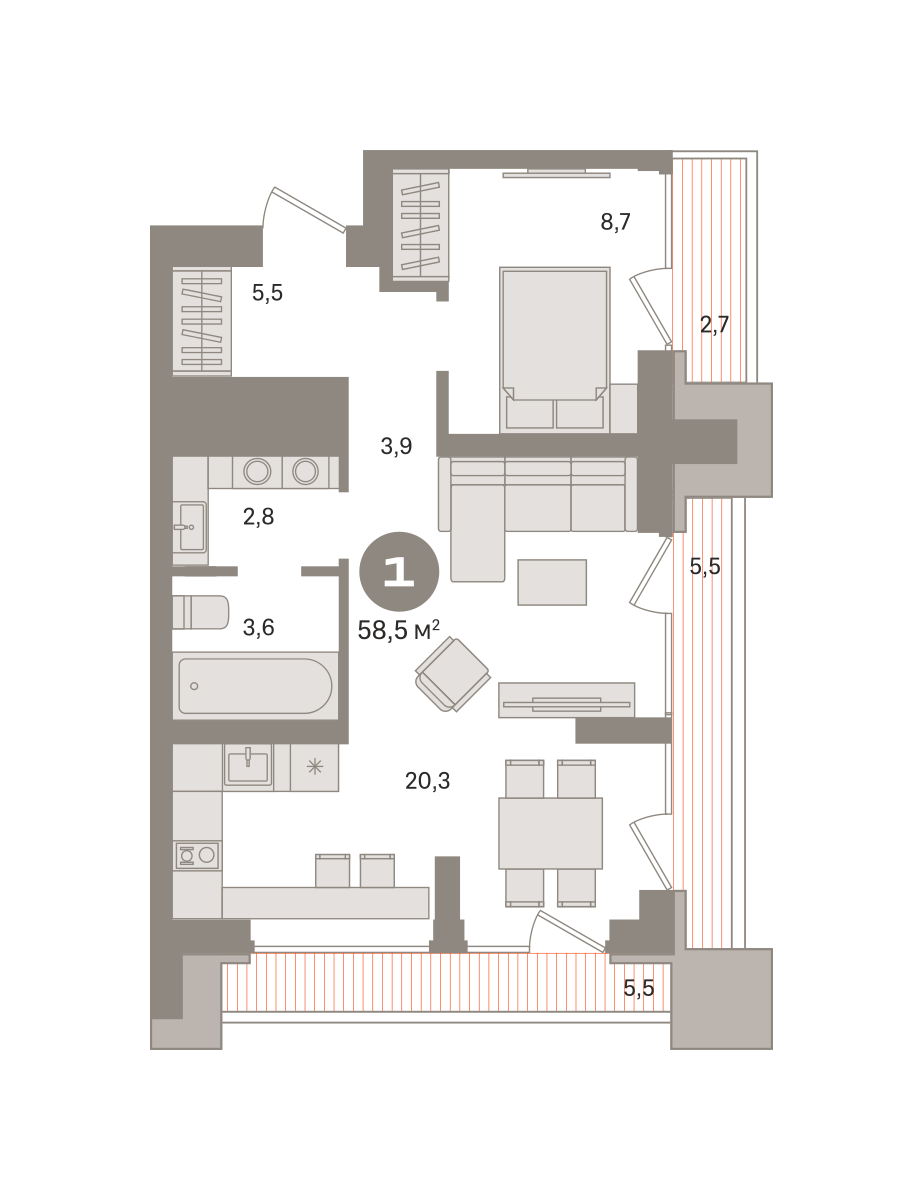 1 комн. квартира, 58.5 м², 11 этаж  (из 29)