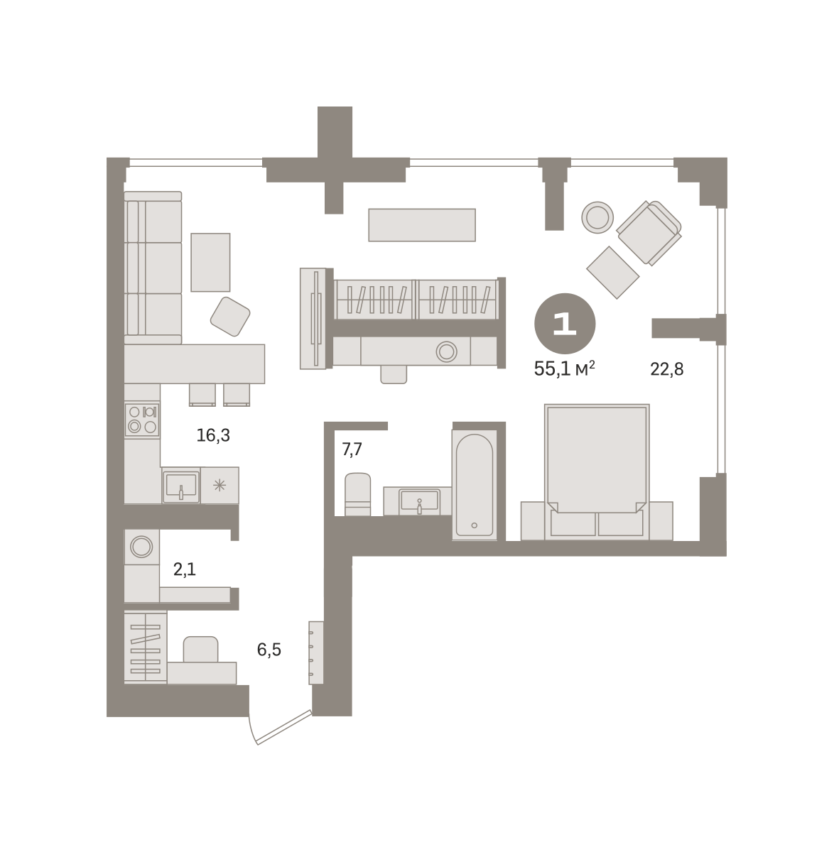1 комн. квартира, 55.1 м², 12 этаж  (из 29)