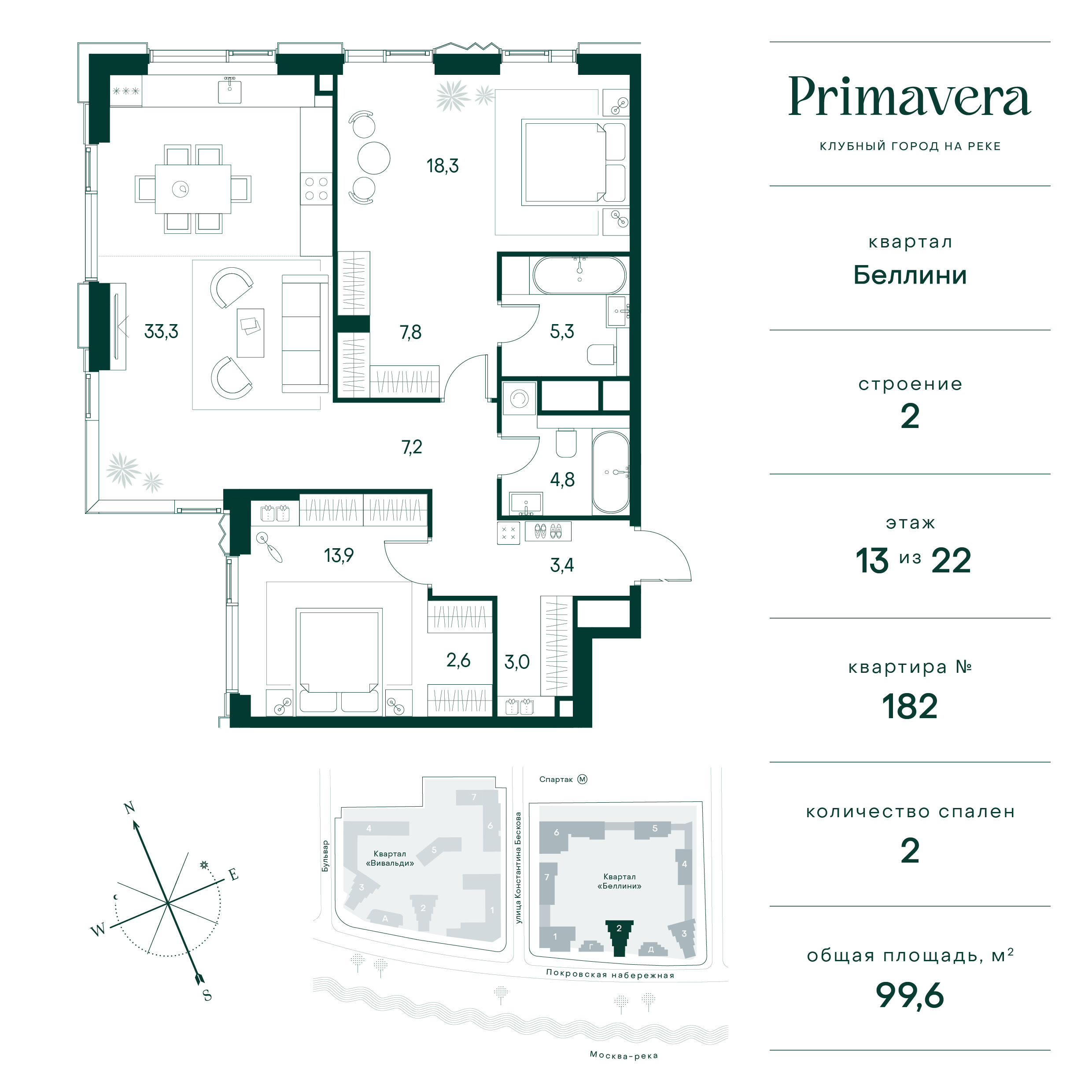 2 комн. квартира, 99.6 м², 13 этаж  (из 22)