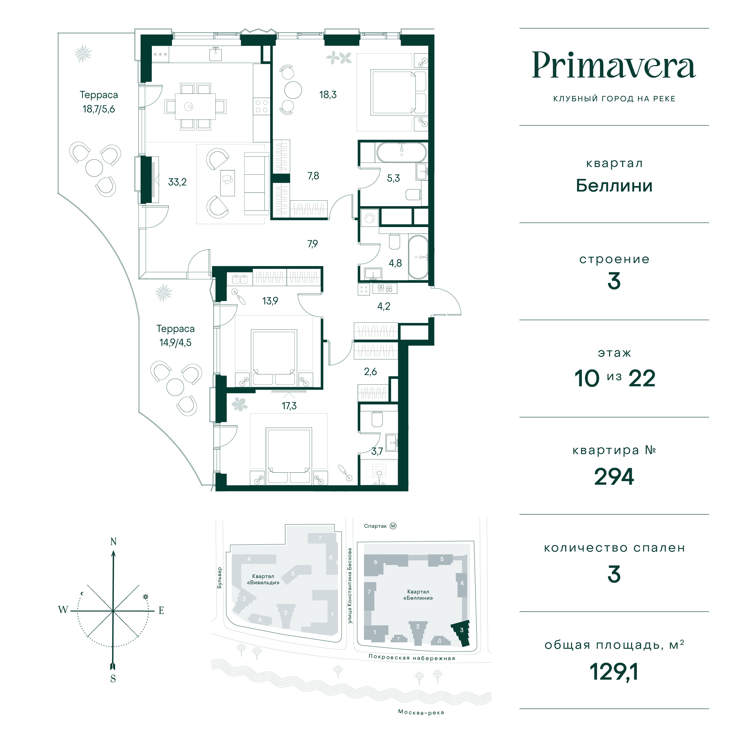 3 комн. квартира, 129.1 м², 10 этаж  (из 22)