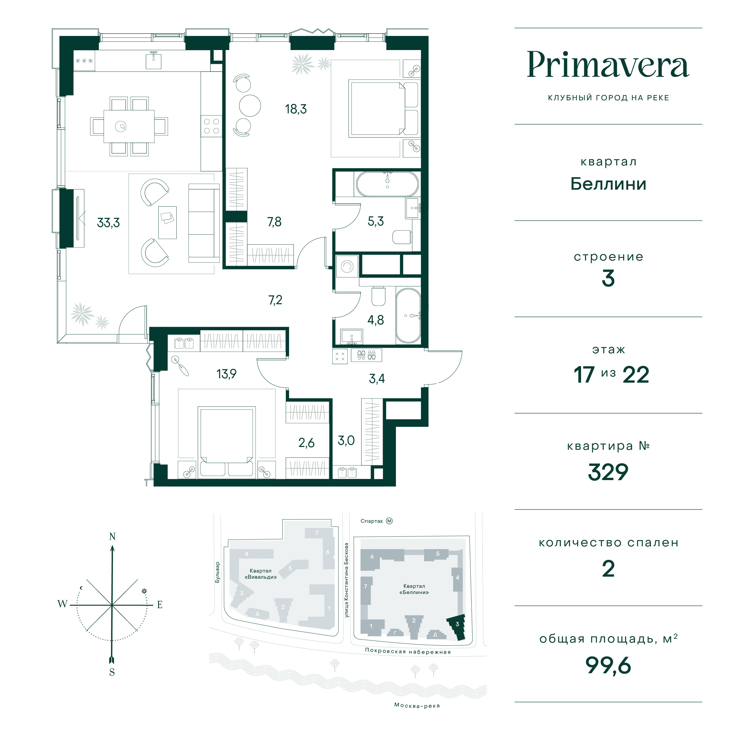 2 комн. квартира, 99.6 м², 17 этаж  (из 22)