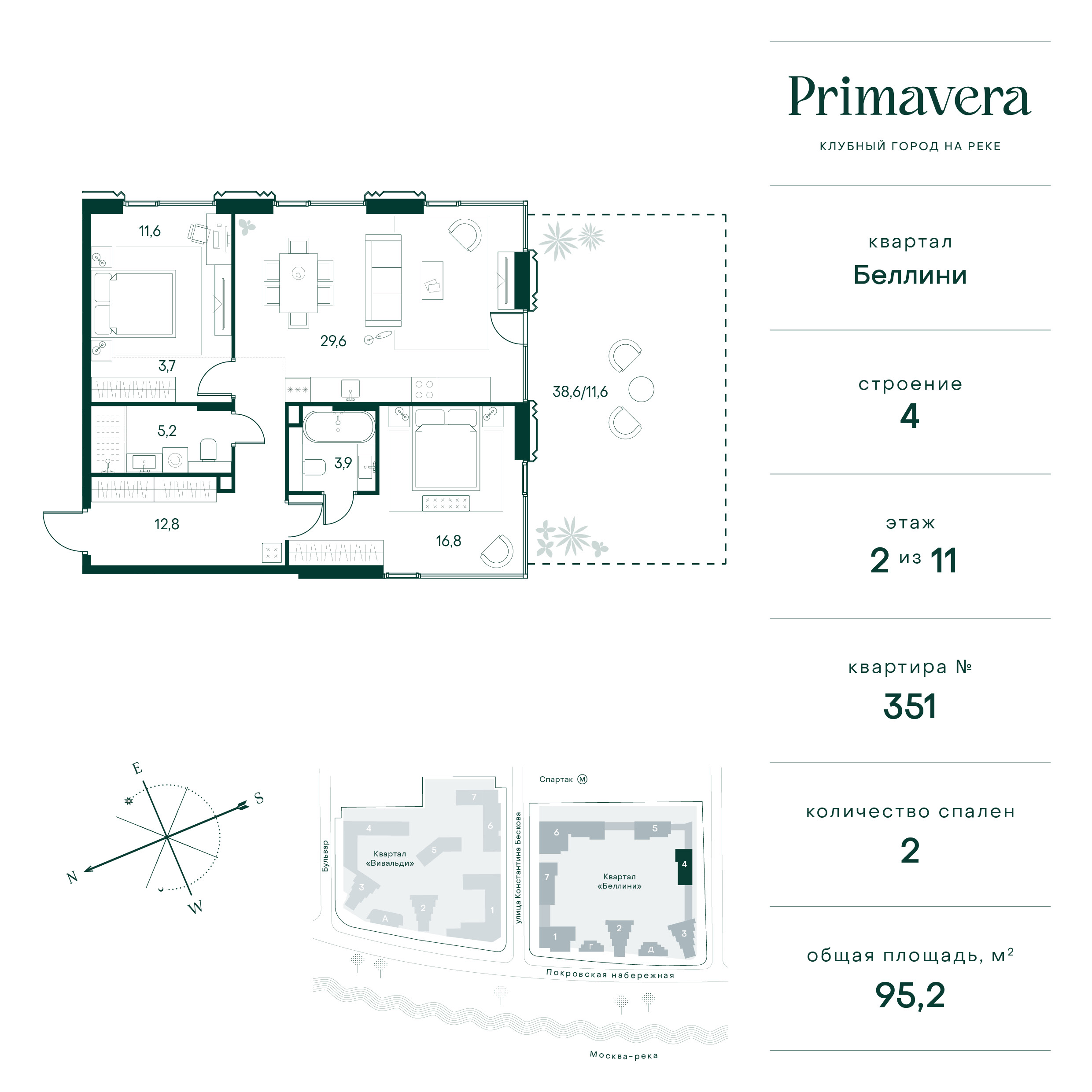 2 комн. квартира, 95.2 м², 2 этаж  (из 11)