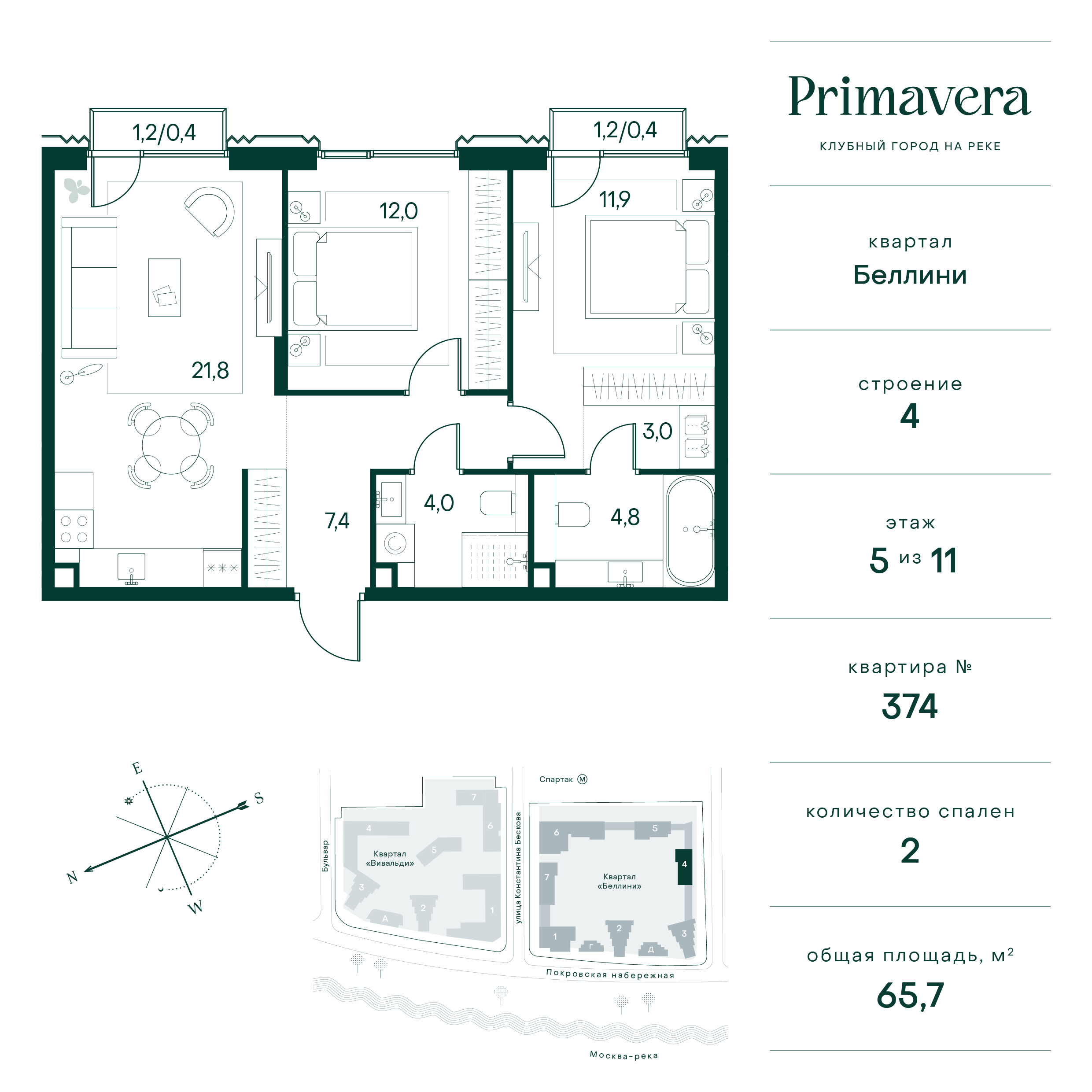 2 комн. квартира, 65.7 м², 5 этаж  (из 11)
