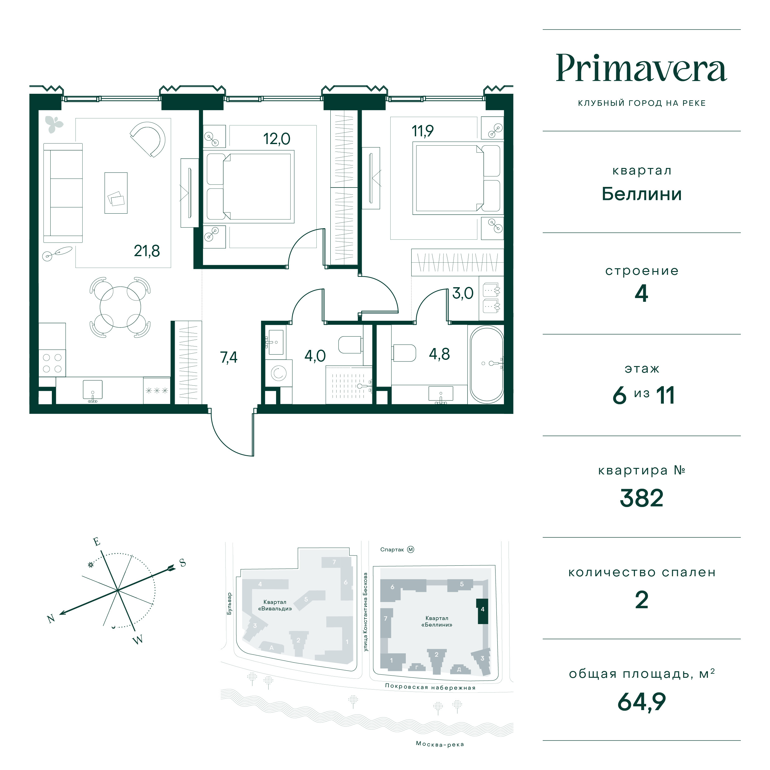 2 комн. квартира, 64.9 м², 6 этаж  (из 11)