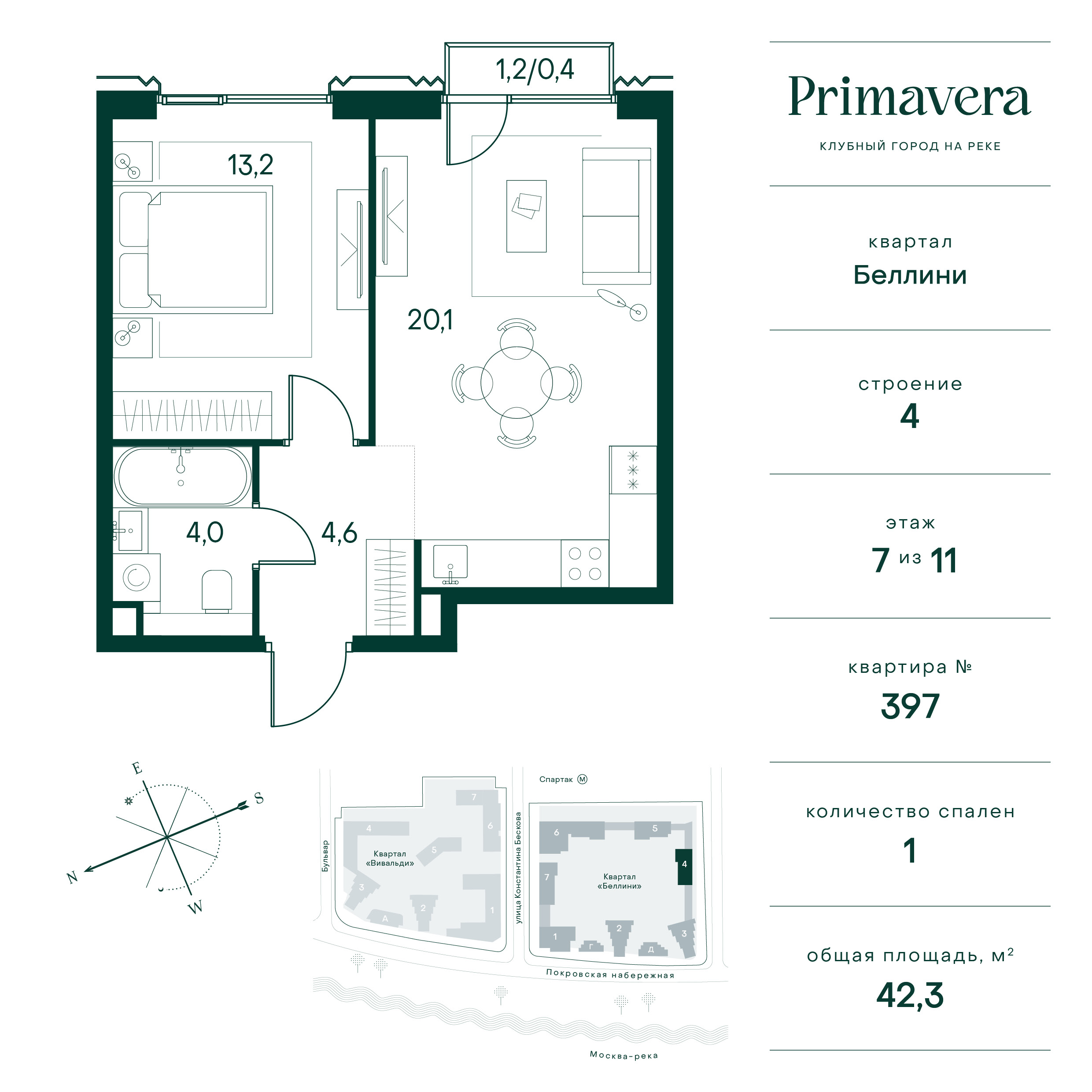 1 комн. квартира, 42.3 м², 7 этаж  (из 11)