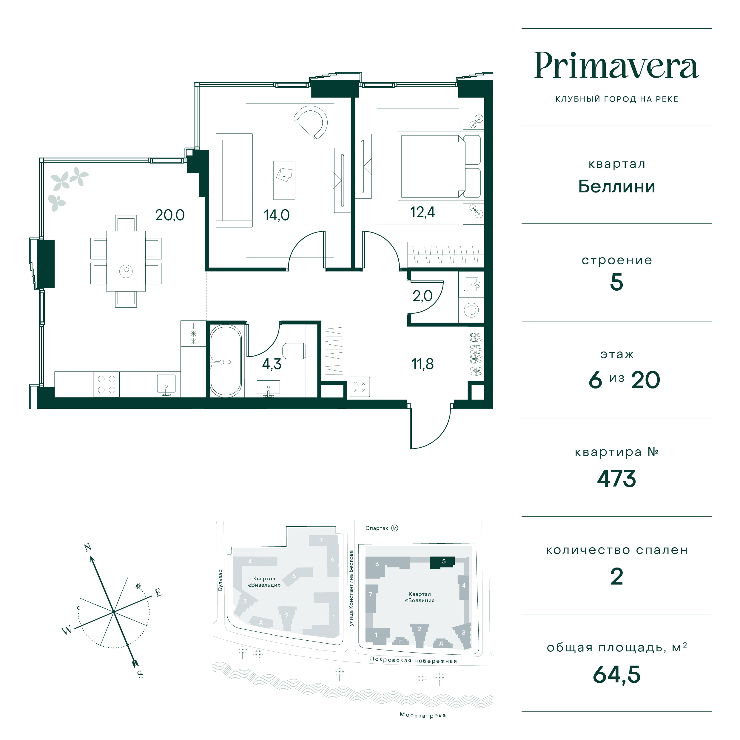 2 комн. квартира, 64.5 м², 6 этаж  (из 20)