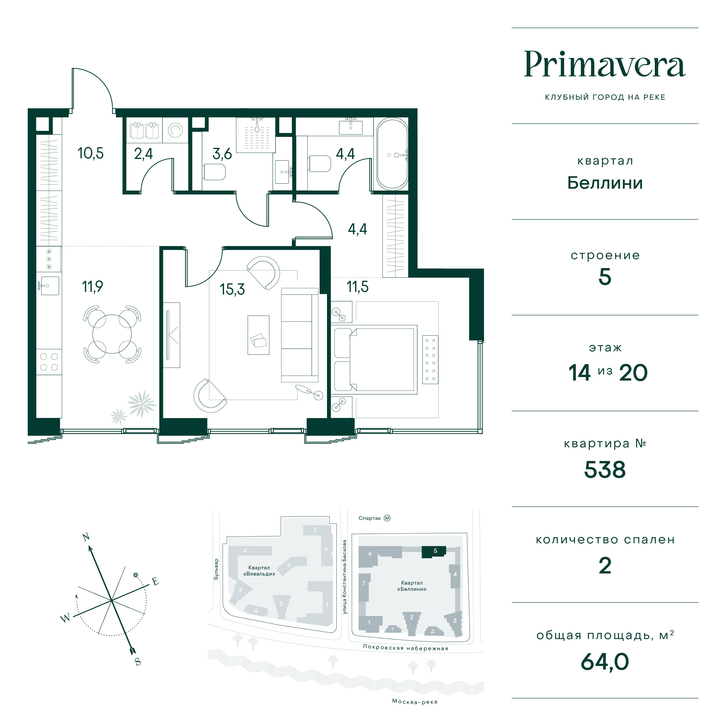 2 комн. квартира, 64 м², 14 этаж  (из 20)