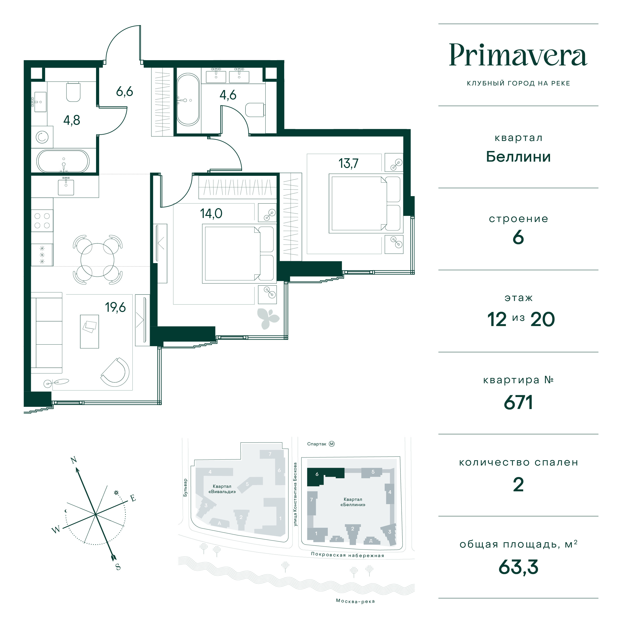 2 комн. квартира, 63.3 м², 12 этаж  (из 20)