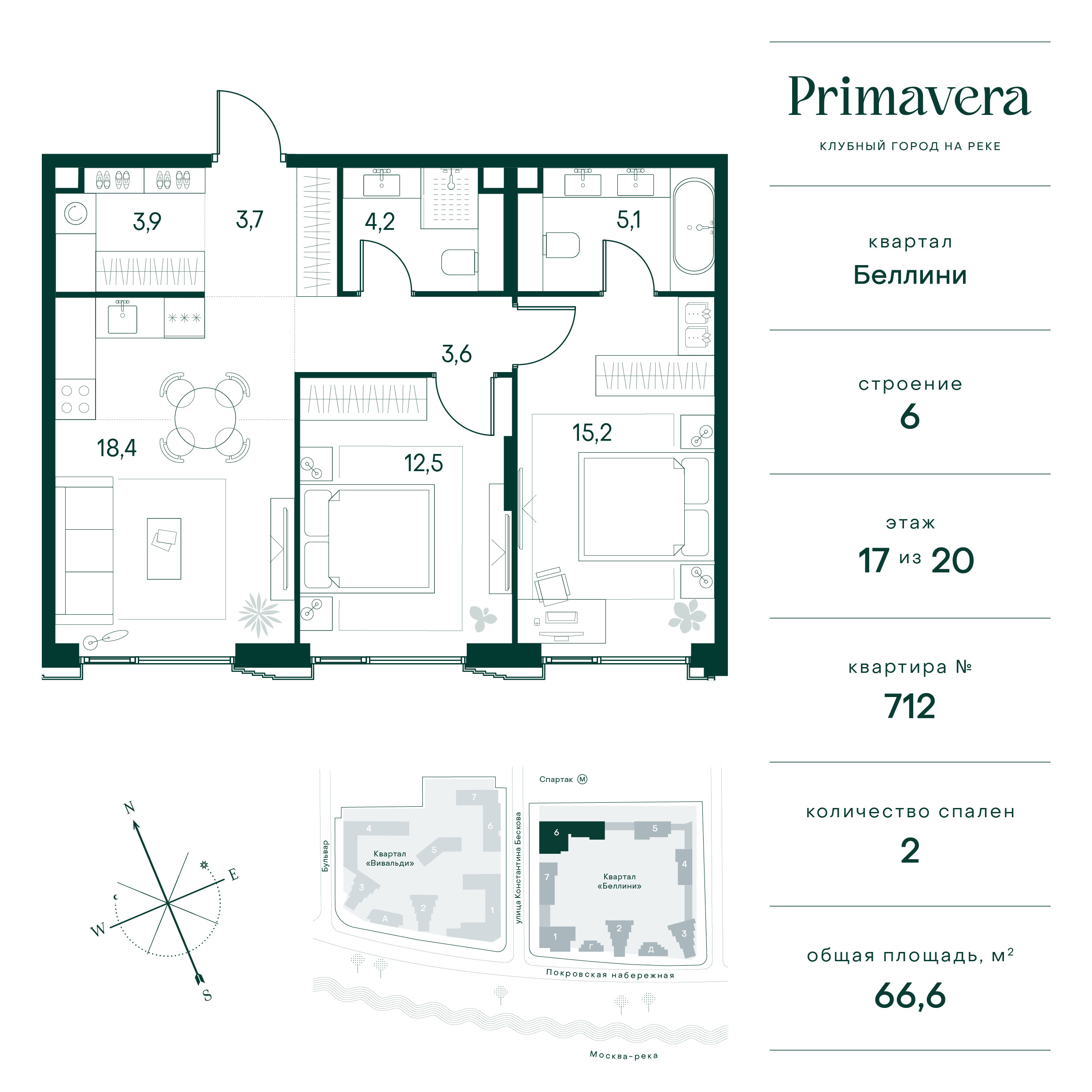 2 комн. квартира, 66.6 м², 17 этаж  (из 20)