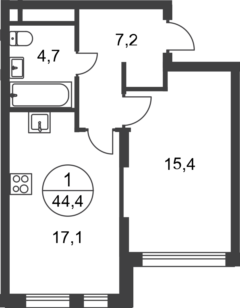 1 комн. квартира, 44.4 м², 15 этаж  (из 17)