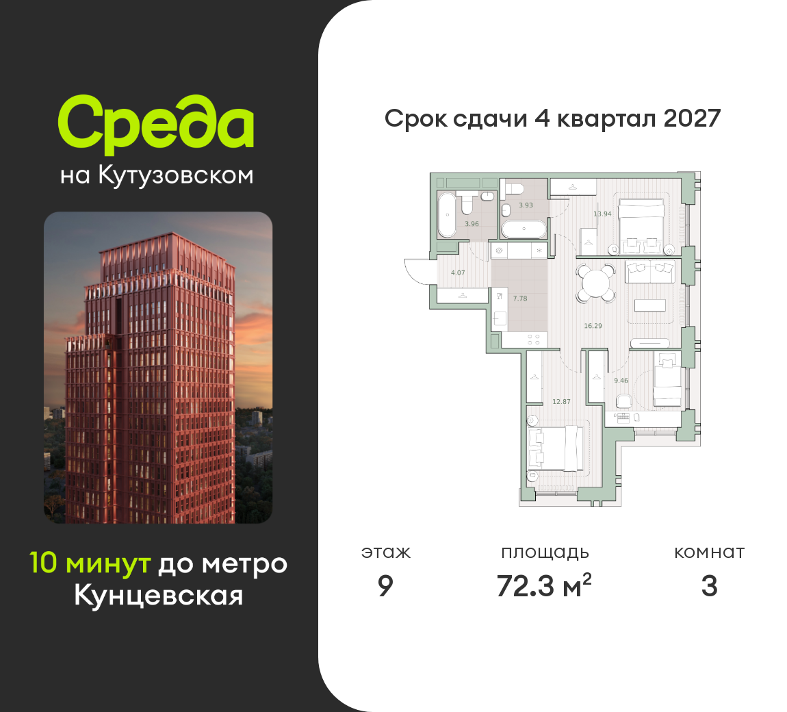 3 комн. квартира, 72.3 м², 9 этаж  (из 30)