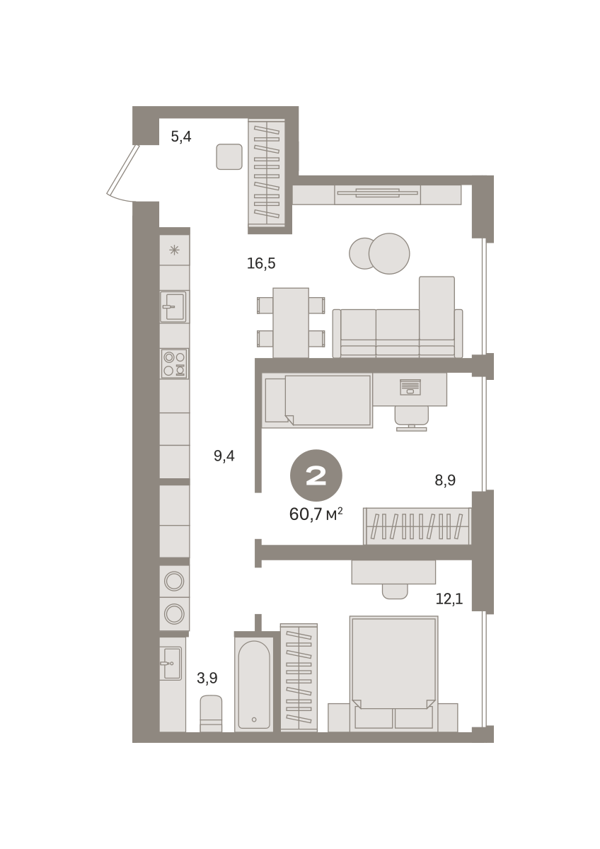 2 комн. квартира, 61.2 м², 12 этаж  (из 29)