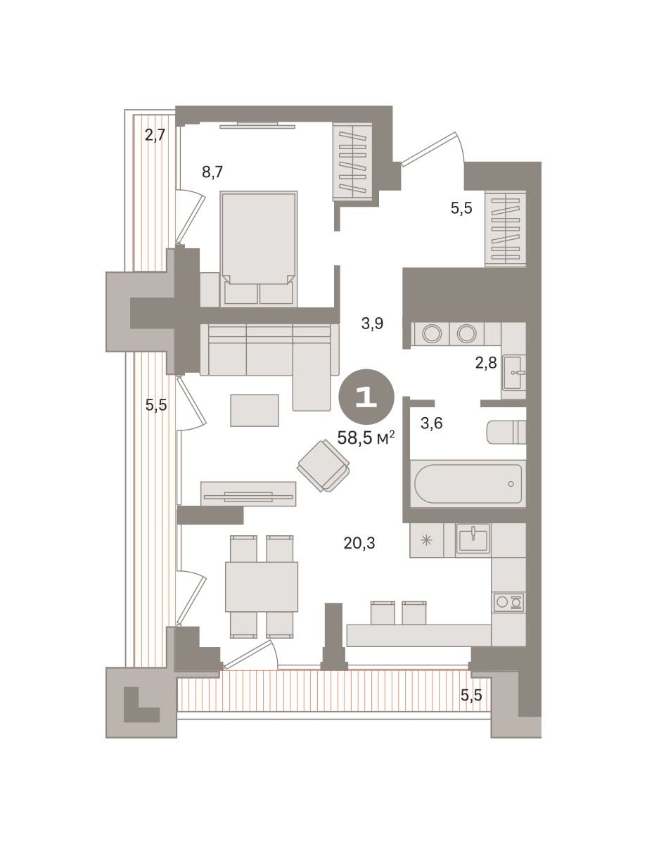 1 комн. квартира, 58.5 м², 11 этаж  (из 29)