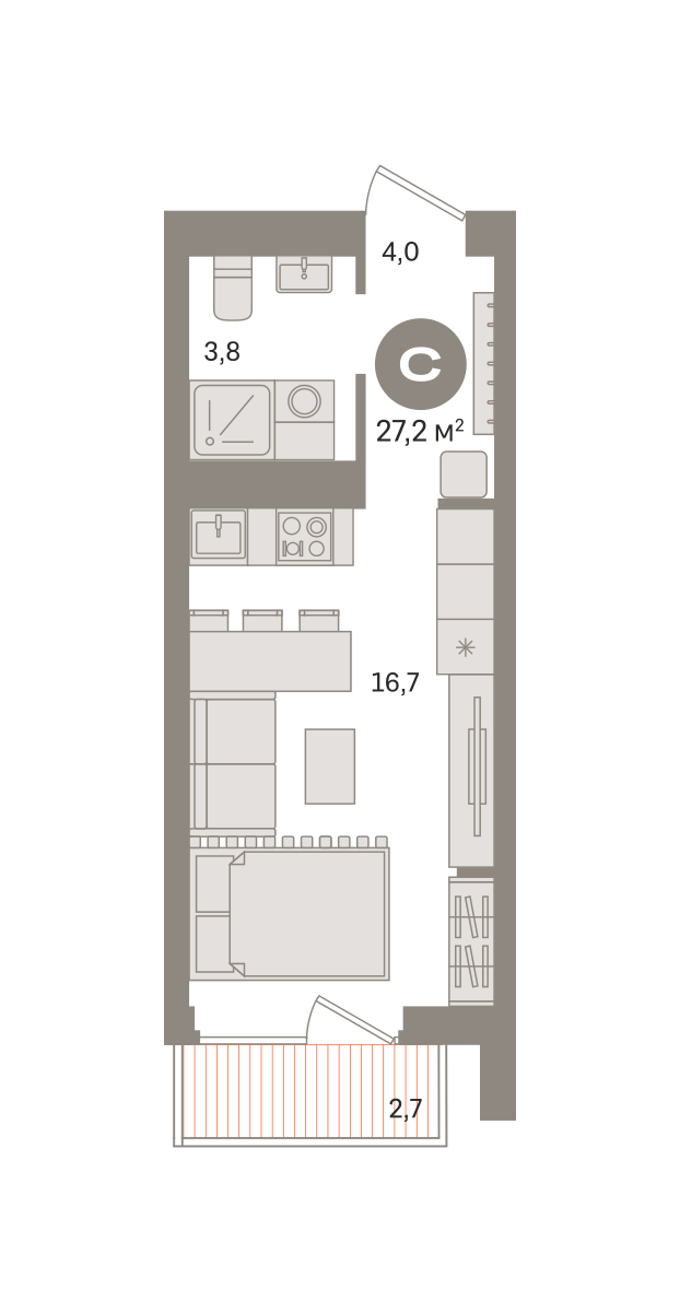 студия, 27.2 м², 11 этаж  (из 29)