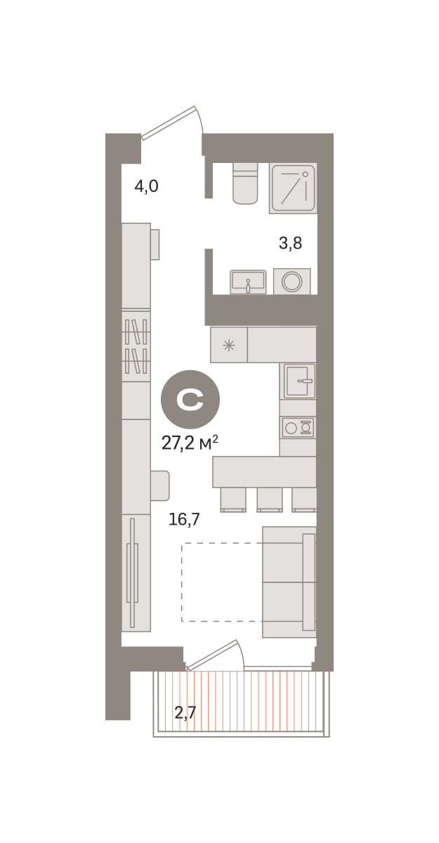 студия, 27.2 м², 11 этаж  (из 29)