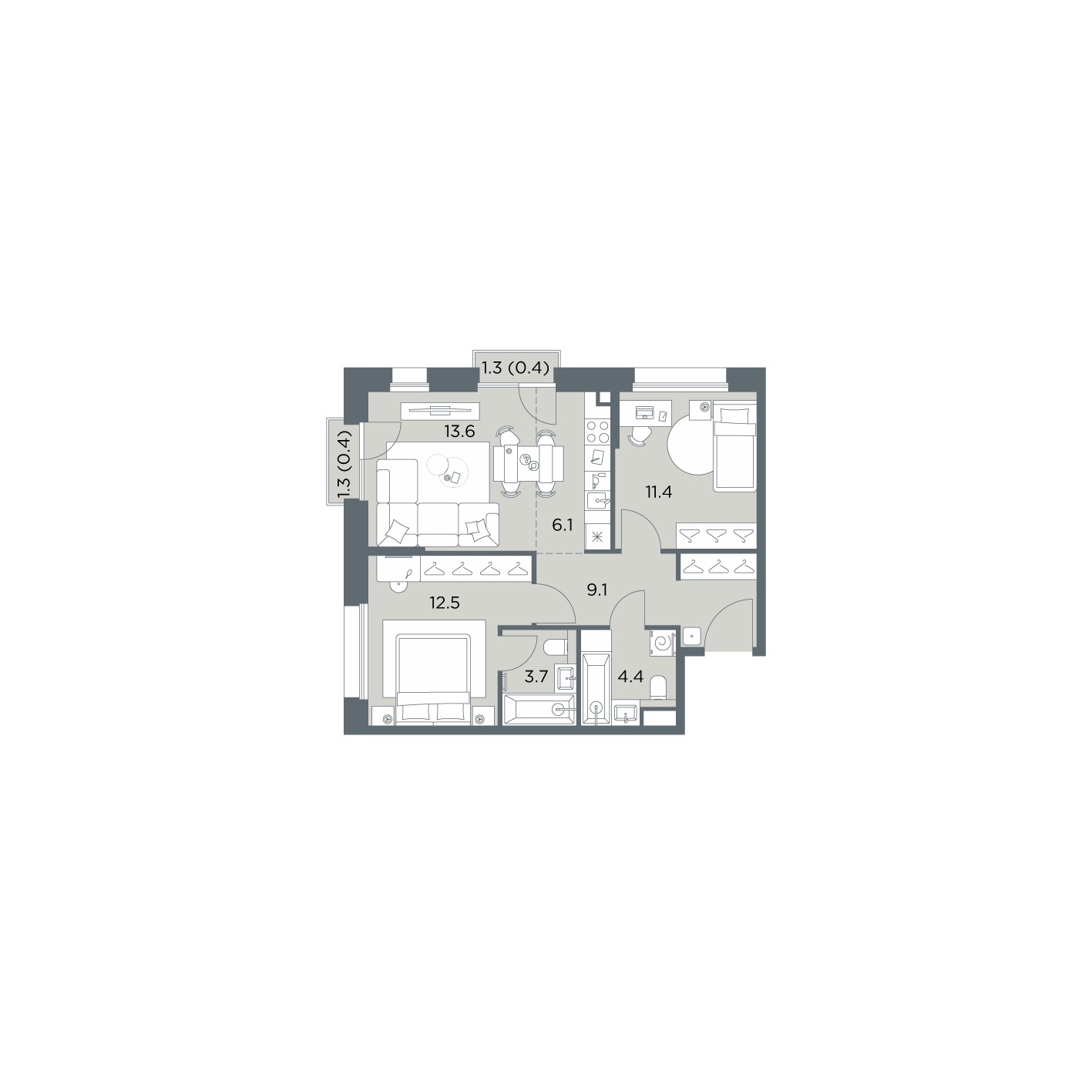 3 комн. квартира, 61.6 м², 4 этаж  (из 6)