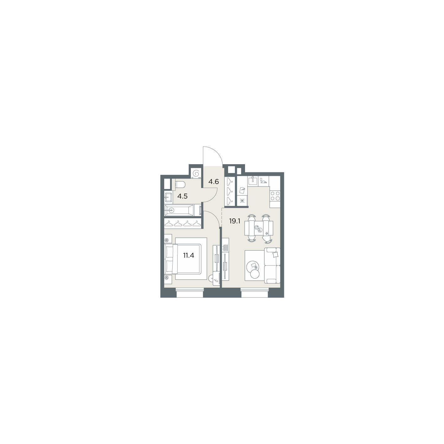 1 комн. квартира, 39.6 м², 2 этаж  (из 6)