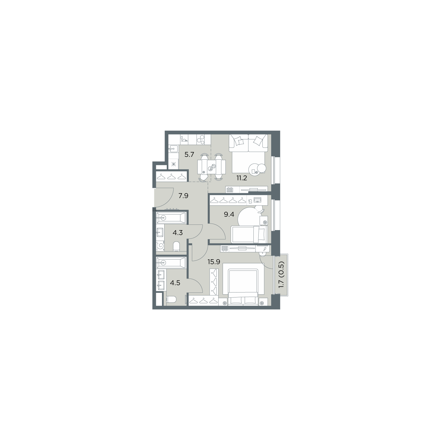 3 комн. квартира, 59.4 м², 3 этаж  (из 6)
